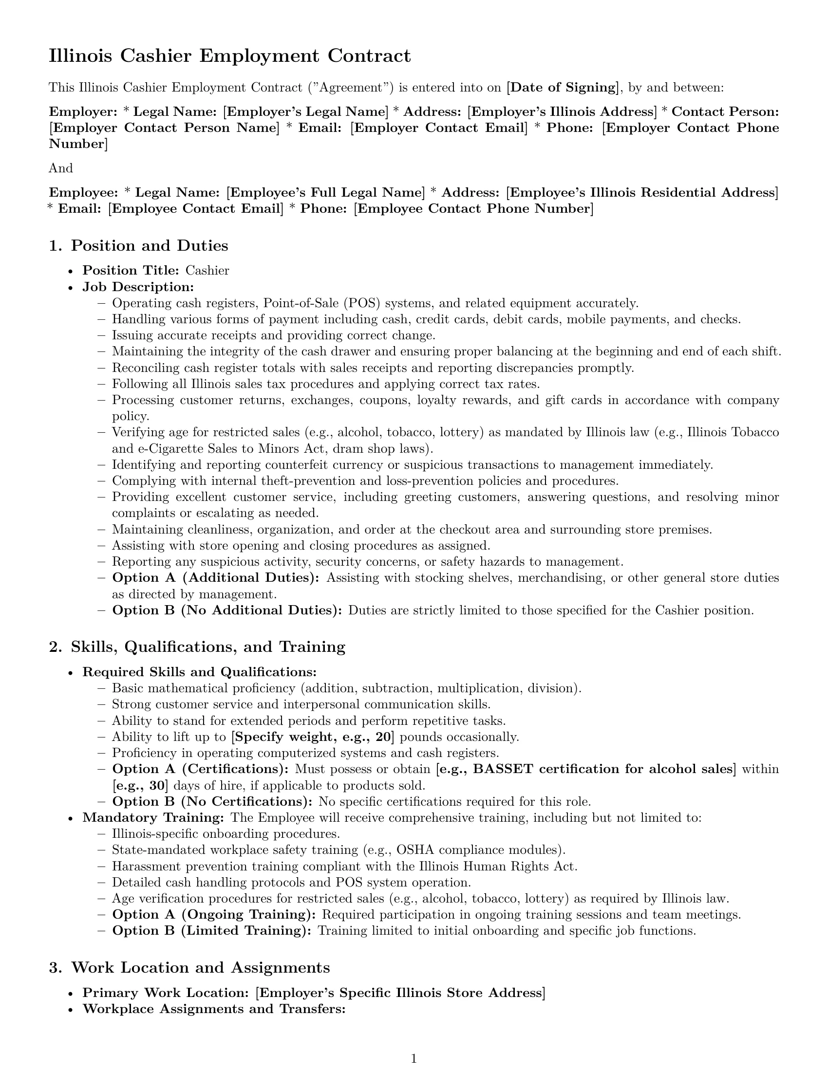 Preview page 1 of Pro Illinois cashier employment contract template