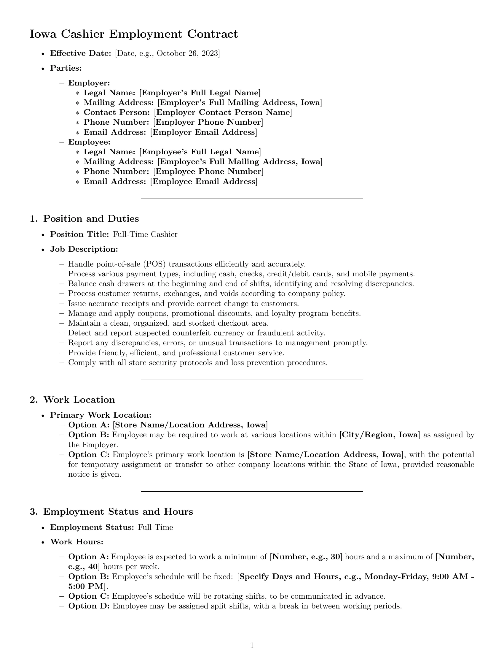 Preview page 1 of Pro Iowa cashier employment contract template