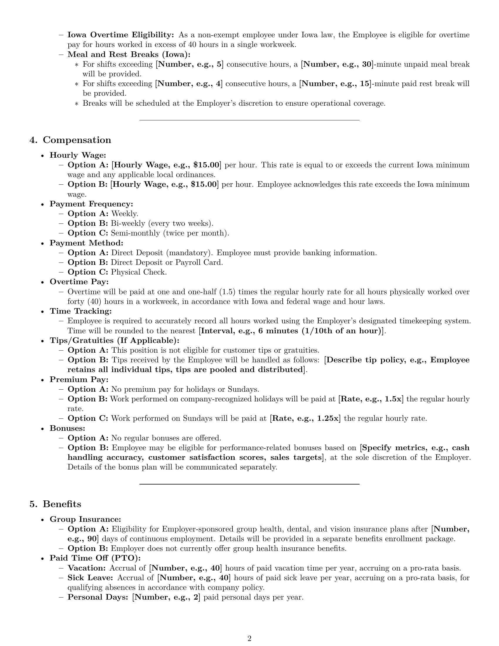 Preview page 2 of Pro Iowa cashier employment contract template
