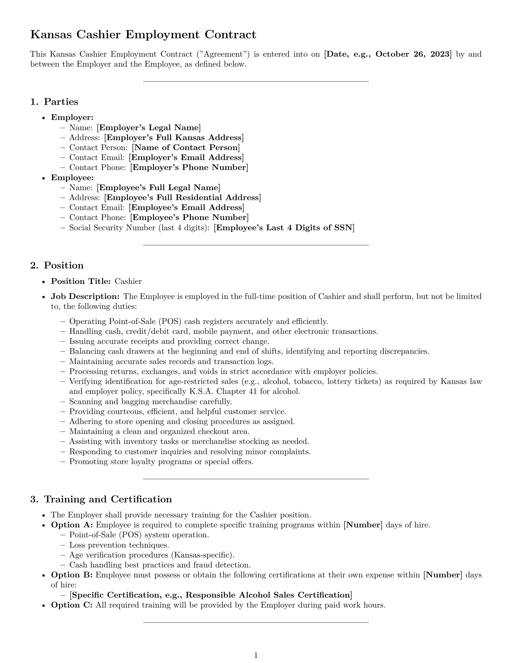 Preview page 1 of Pro Kansas cashier employment contract template