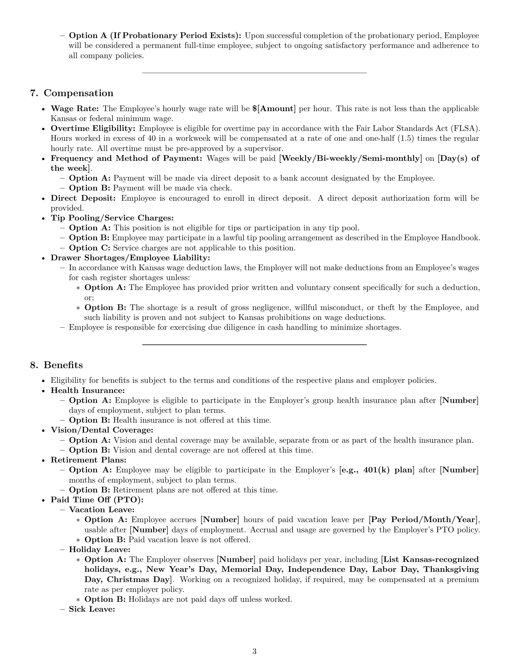 Preview page 3 of Pro Kansas cashier employment contract template