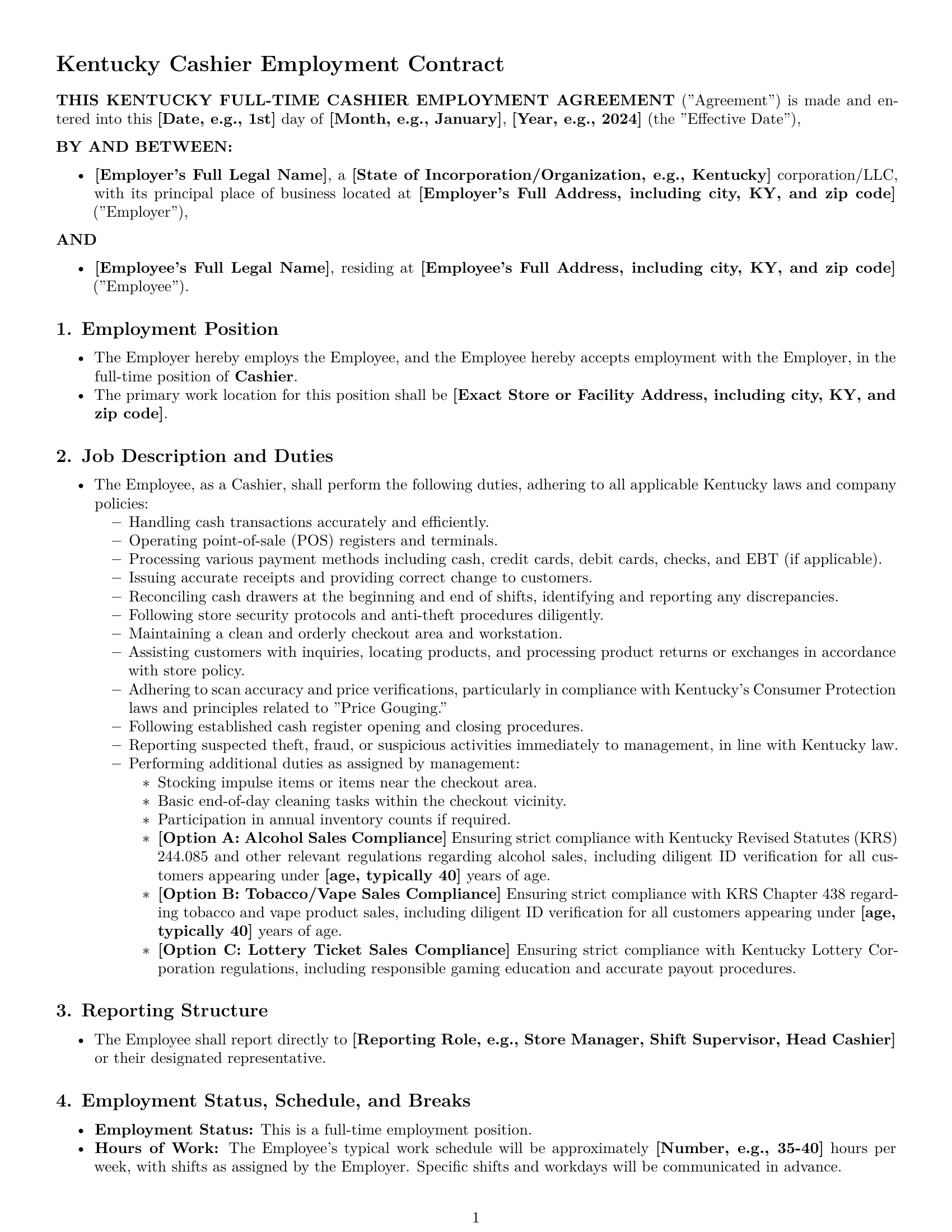 Preview page 1 of Pro Kentucky cashier employment contract template