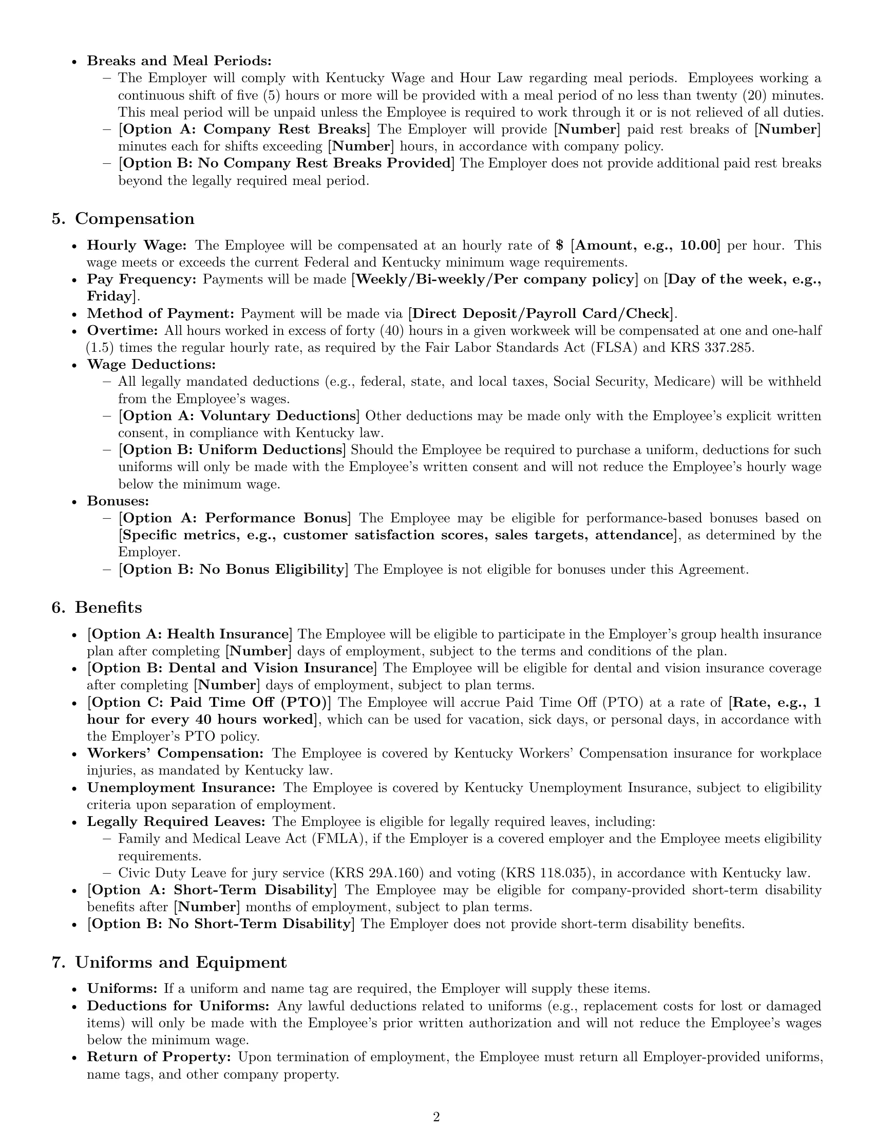 Preview page 2 of Pro Kentucky cashier employment contract template