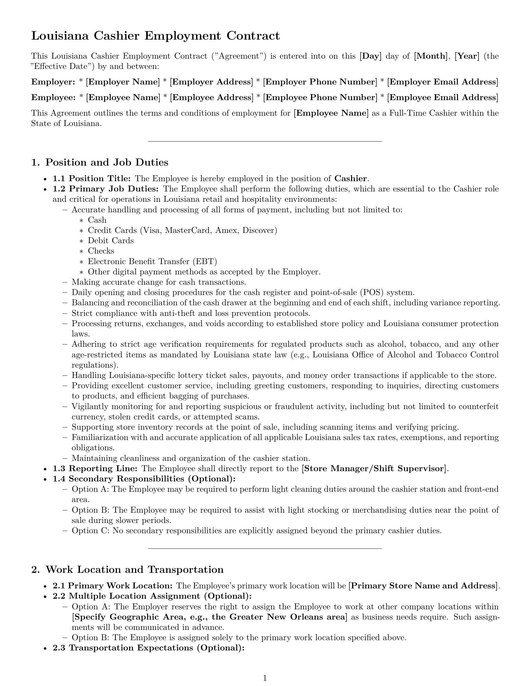 Preview page 1 of Pro Louisiana cashier employment contract template