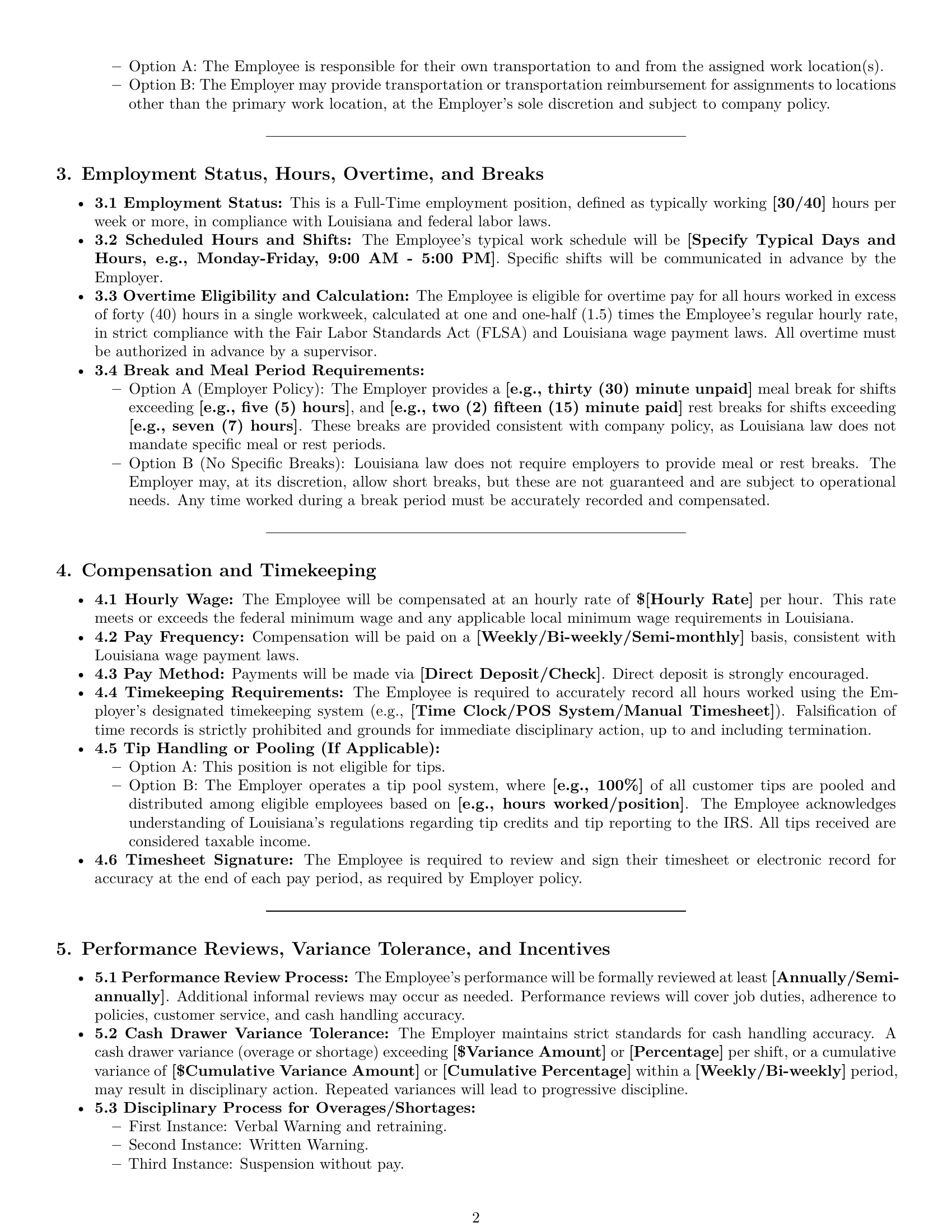Preview page 2 of Pro Louisiana cashier employment contract template