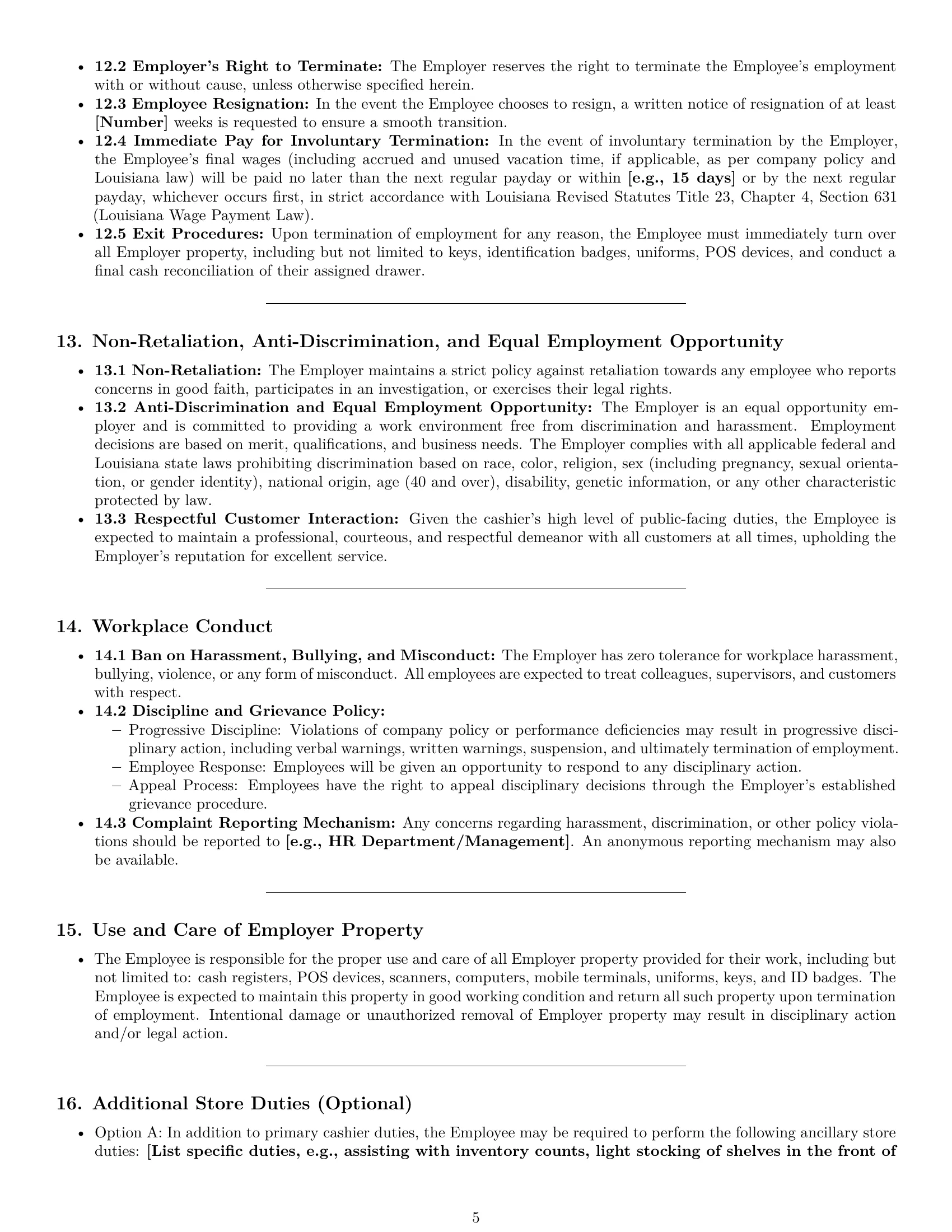 Preview page 5 of Pro Louisiana cashier employment contract template