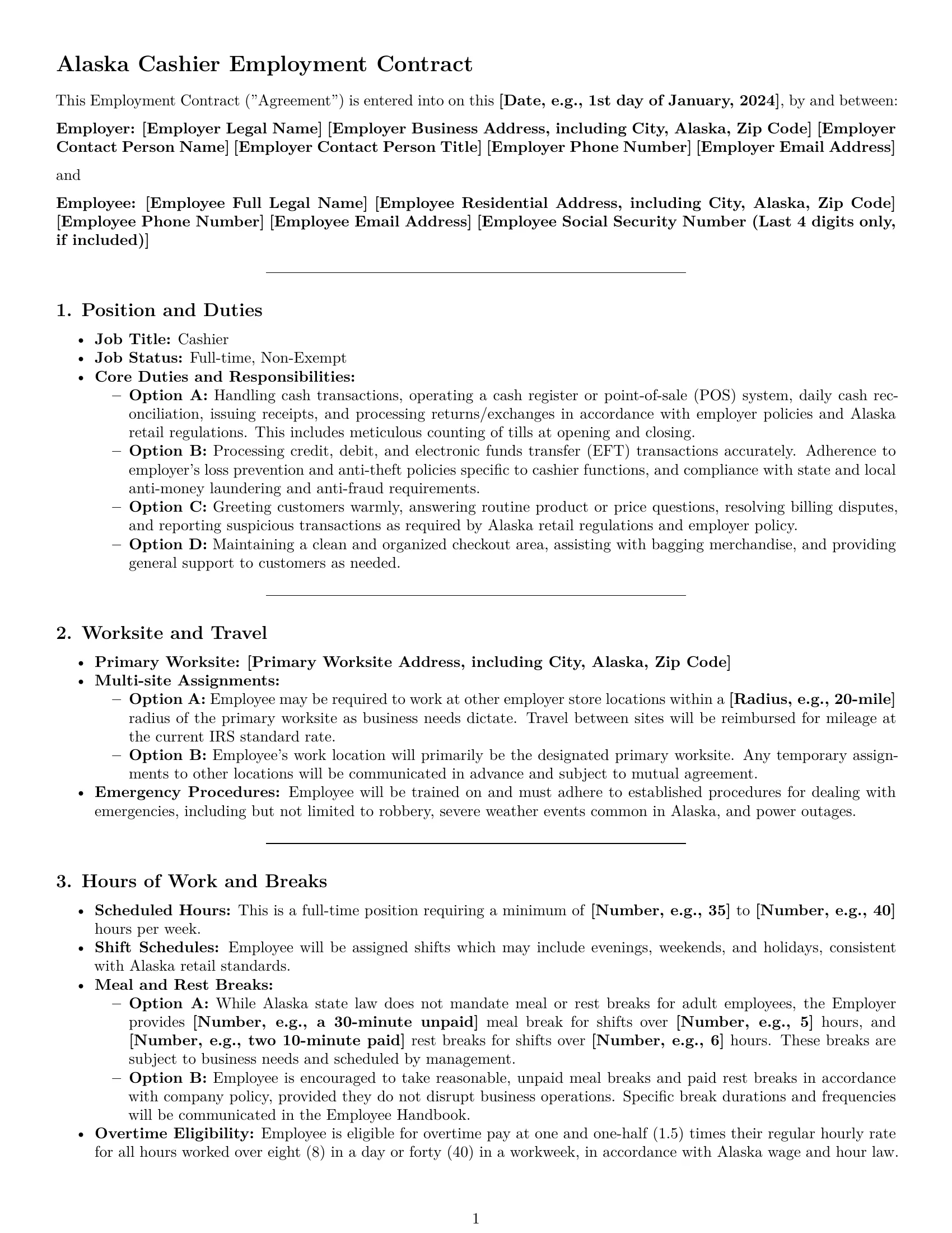 Preview page 1 of Pro Alaska cashier employment contract template