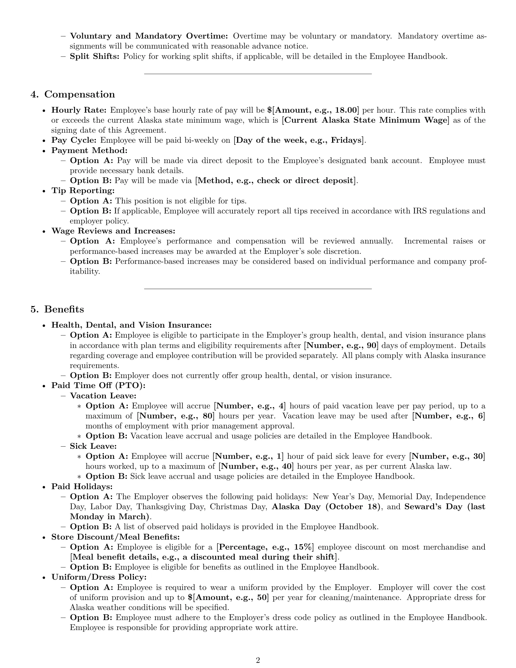 Preview page 2 of Pro Alaska cashier employment contract template