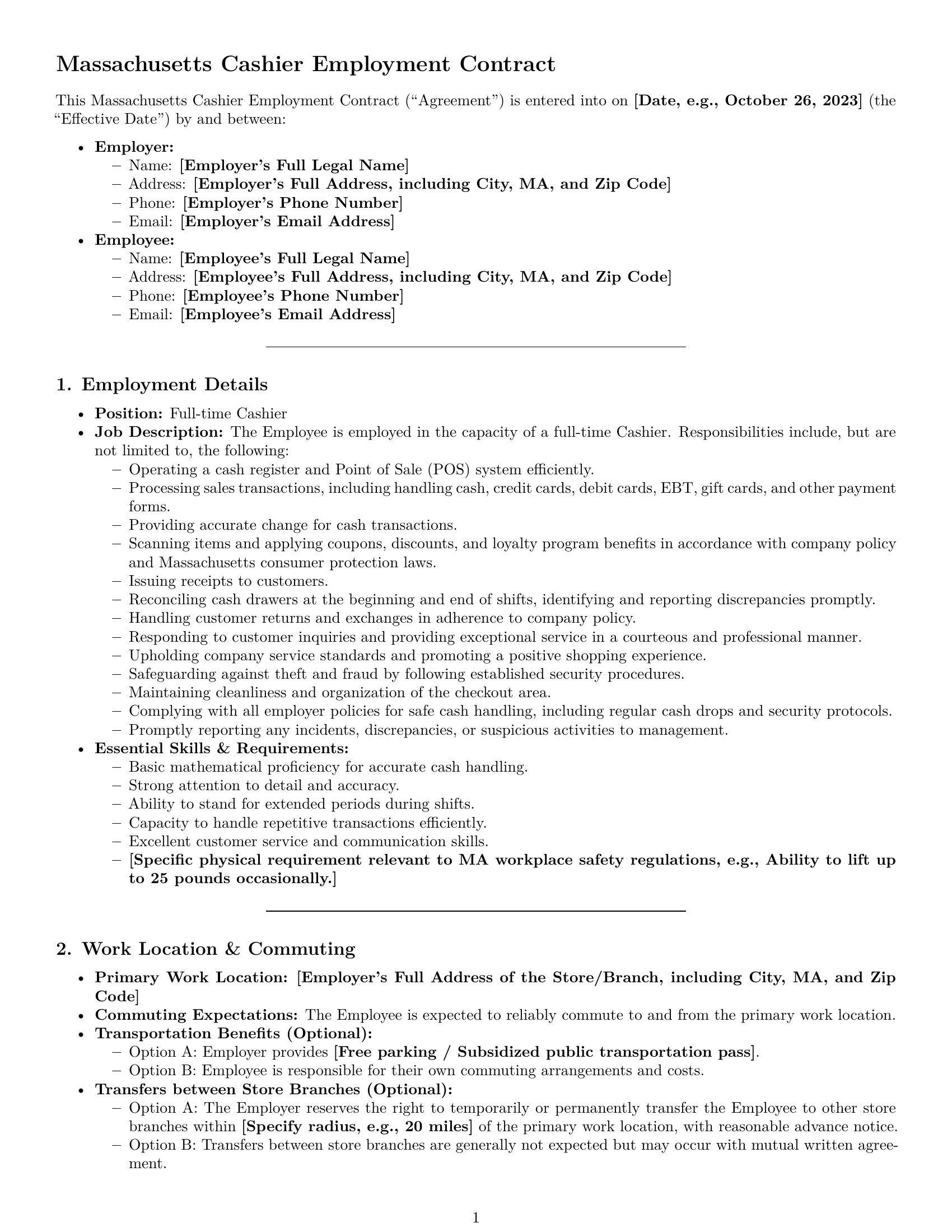 Preview page 1 of Pro Massachusetts cashier employment contract template