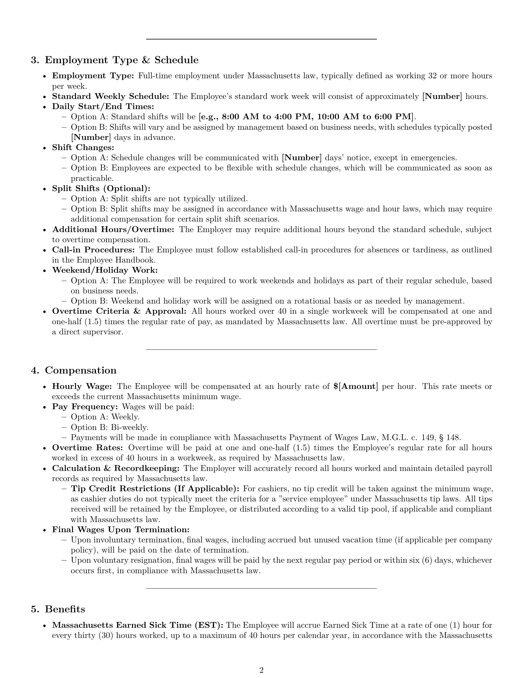 Preview page 2 of Pro Massachusetts cashier employment contract template