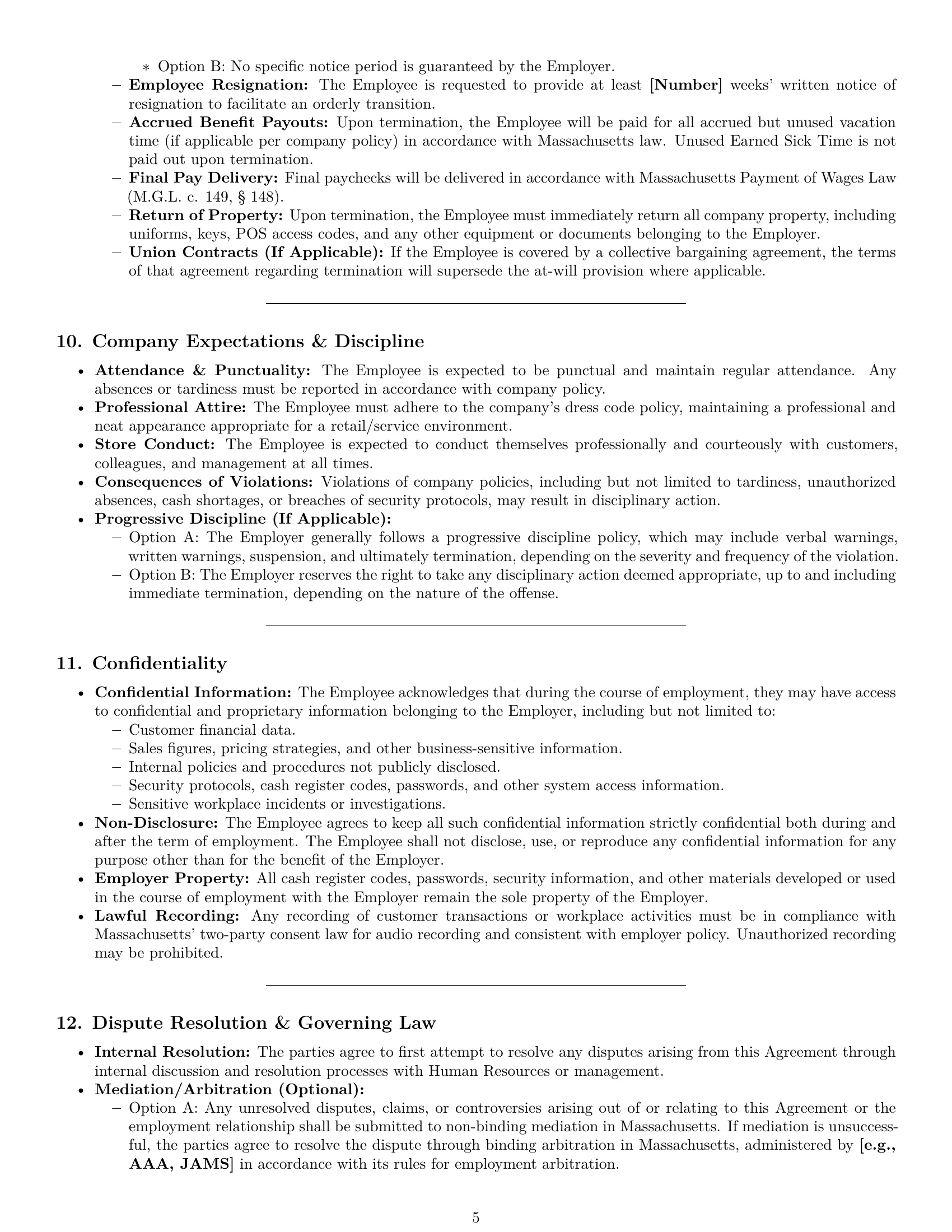 Preview page 5 of Pro Massachusetts cashier employment contract template