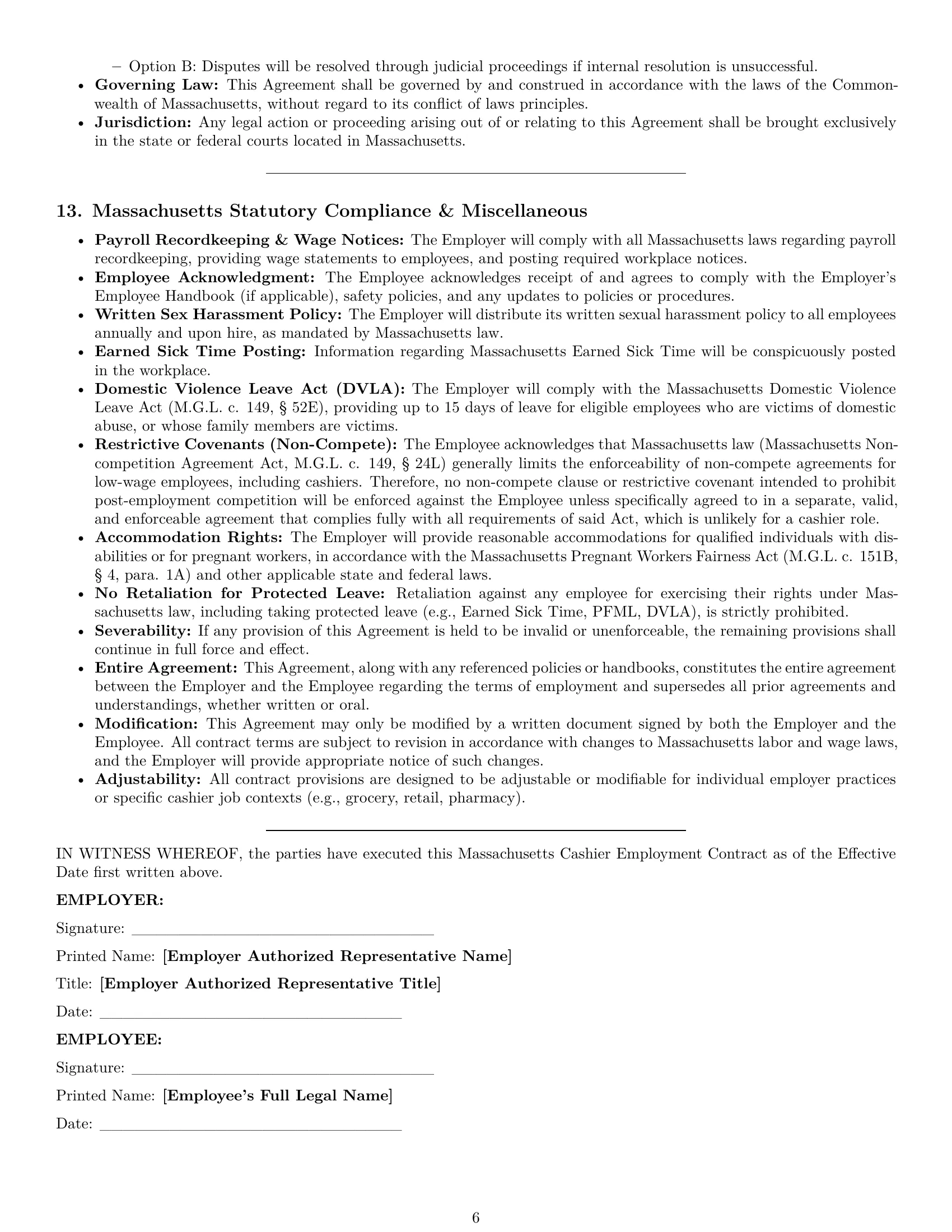 Preview page 6 of Pro Massachusetts cashier employment contract template