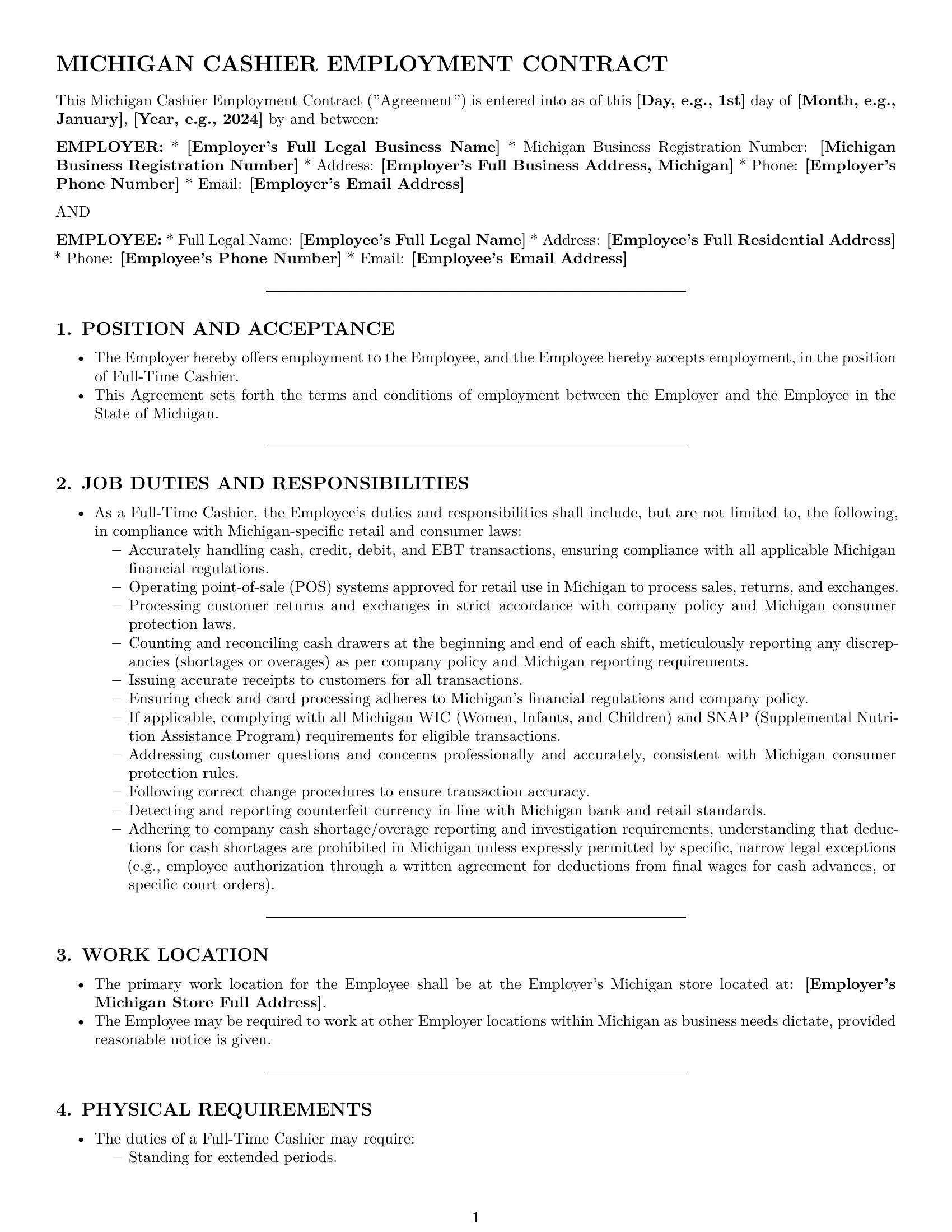 Preview page 1 of Pro Michigan cashier employment contract template