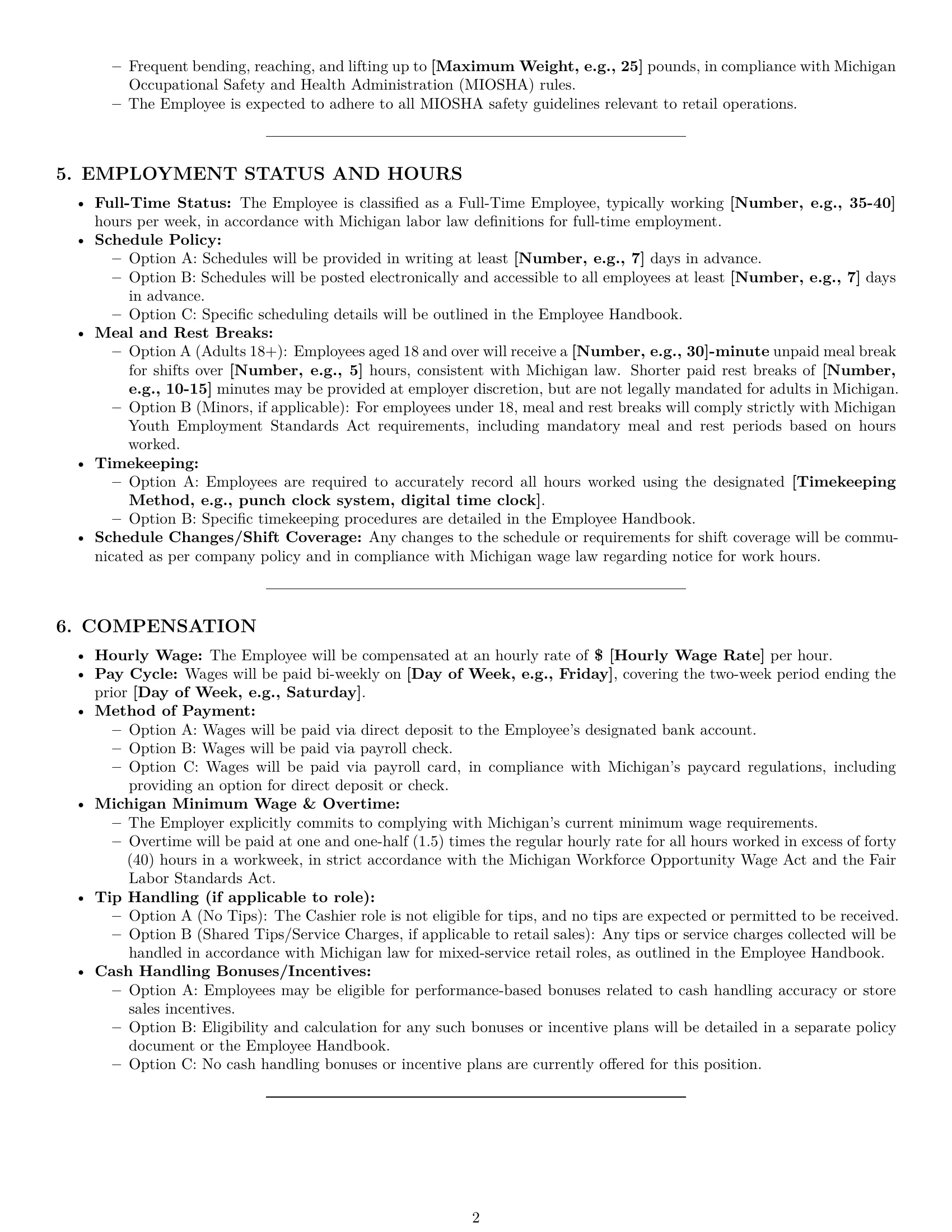 Preview page 2 of Pro Michigan cashier employment contract template