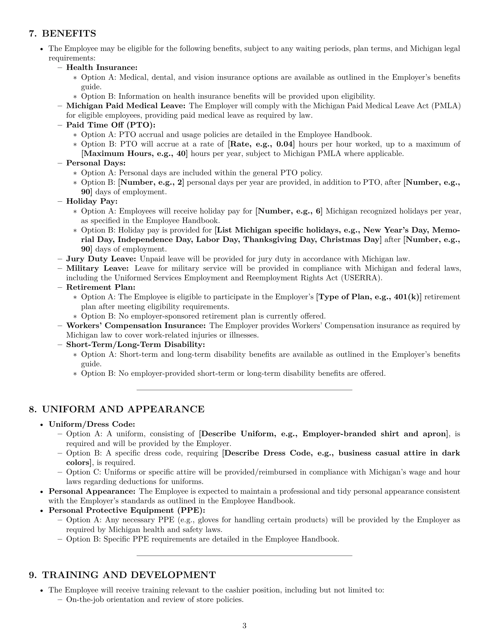 Preview page 3 of Pro Michigan cashier employment contract template