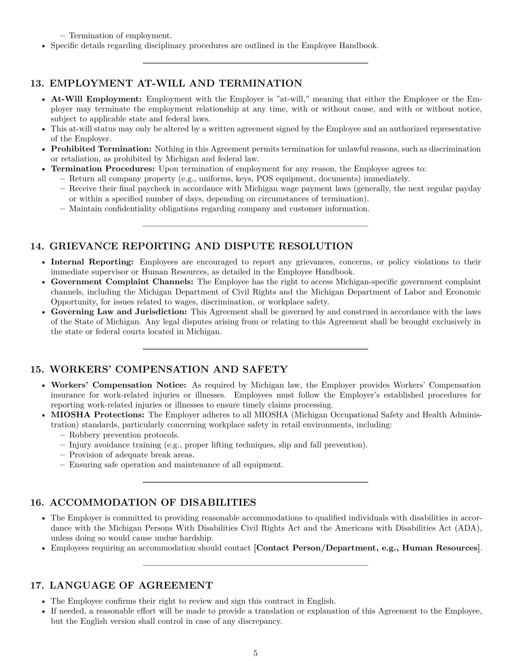 Preview page 5 of Pro Michigan cashier employment contract template