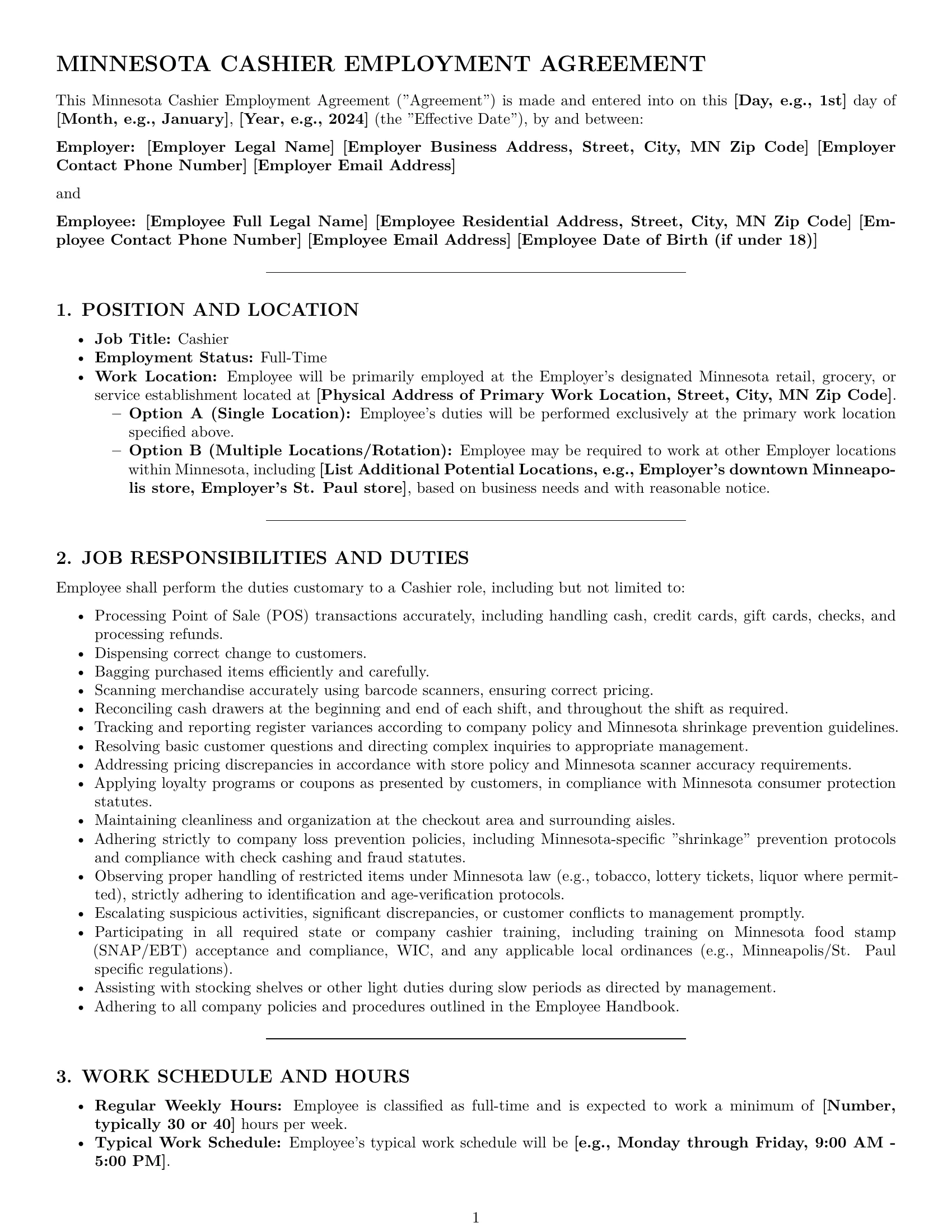 Preview page 1 of Pro Minnesota cashier employment contract template