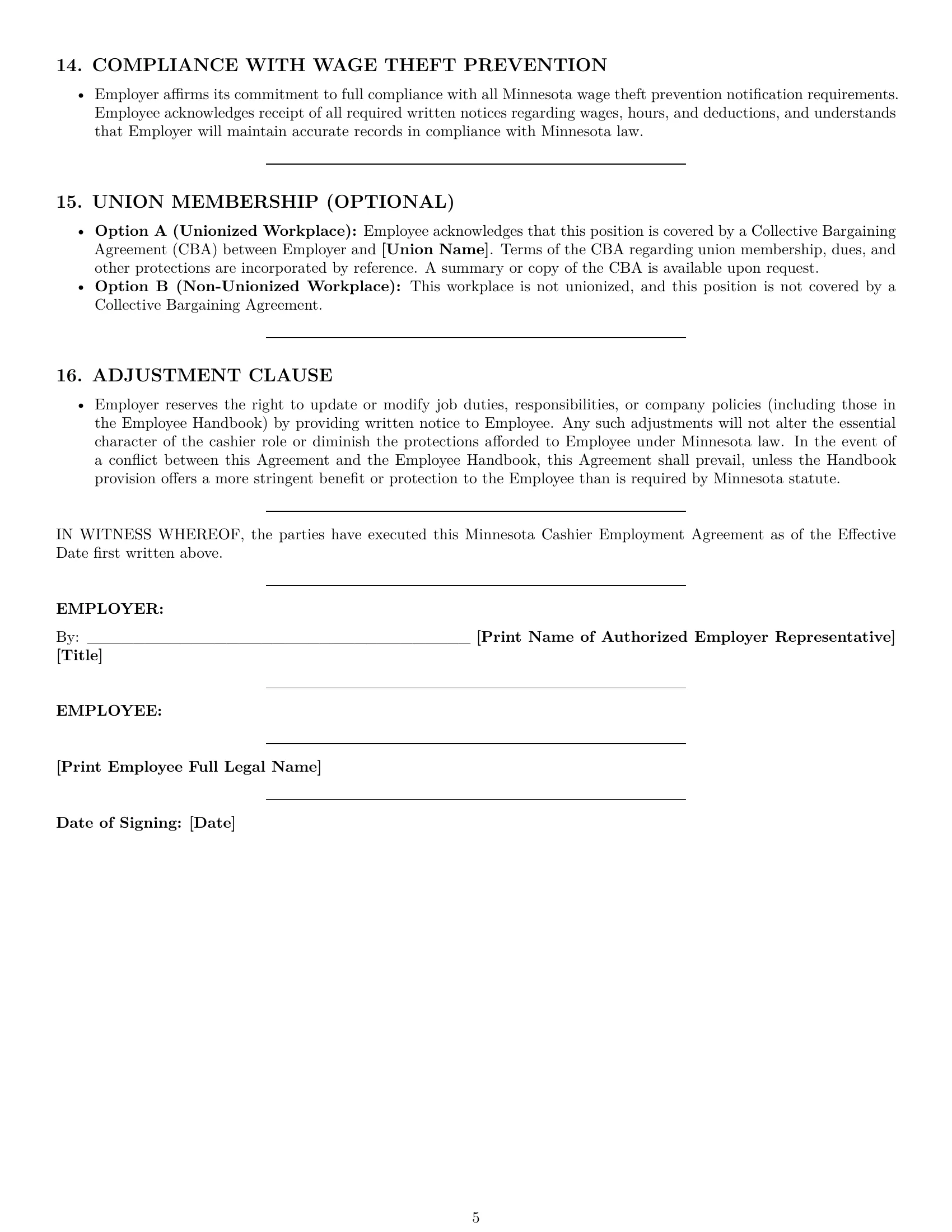 Preview page 5 of Pro Minnesota cashier employment contract template