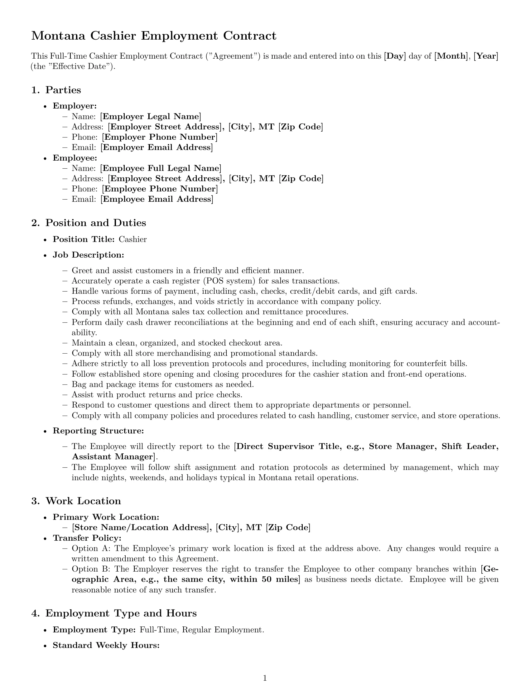 Preview page 1 of Pro Montana cashier employment contract template