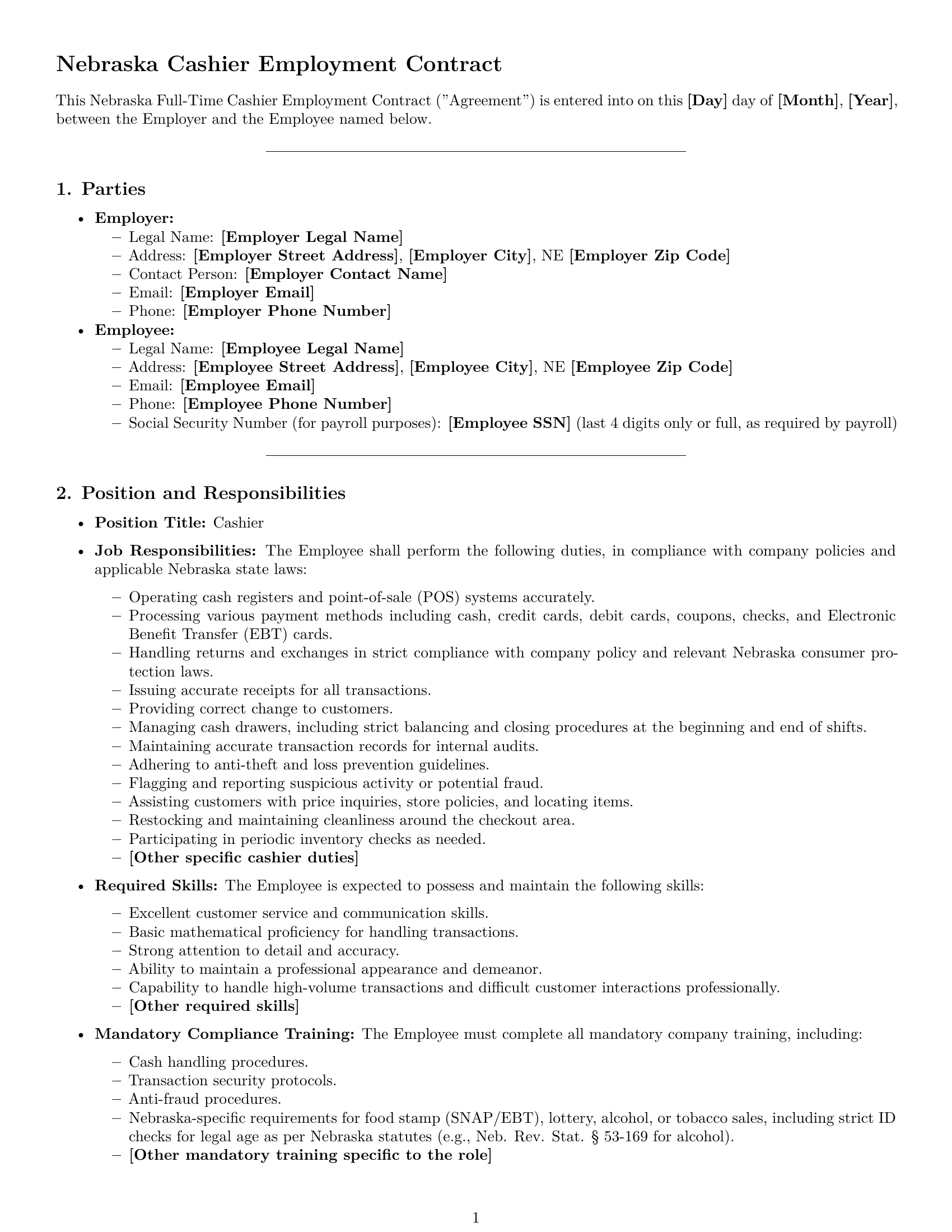Preview page 1 of Pro Nebraska cashier employment contract template