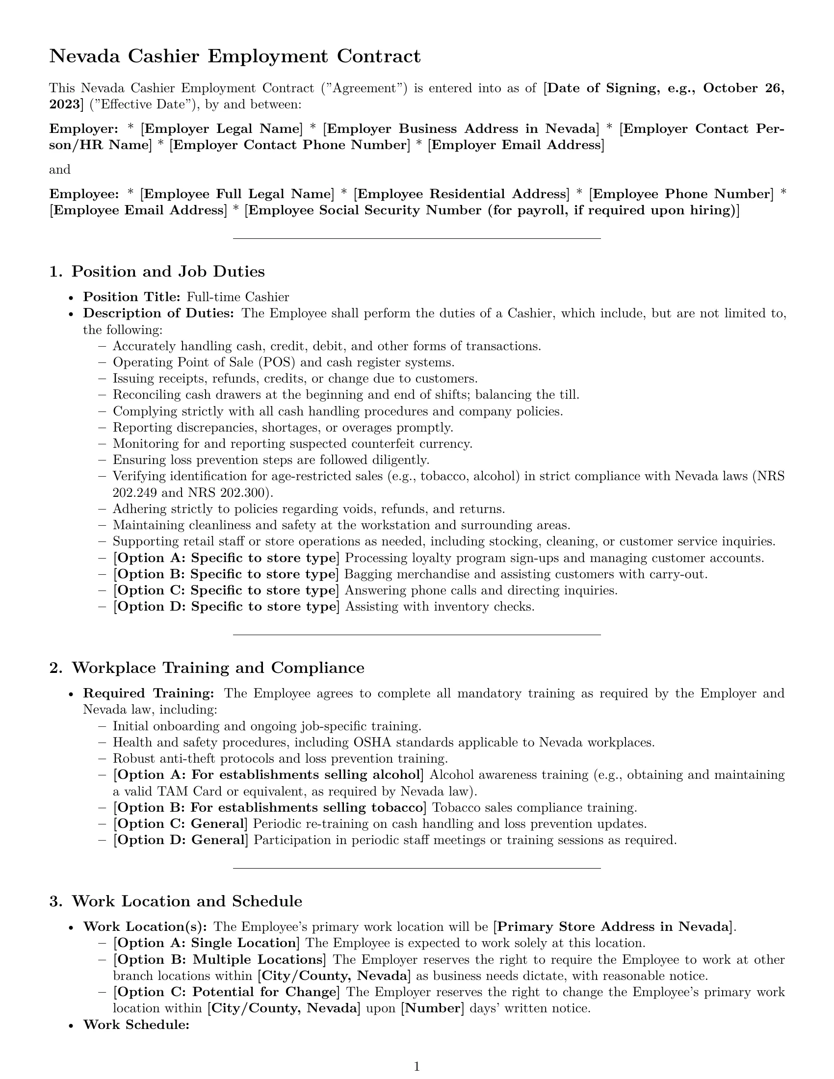 Preview page 1 of Pro Nevada cashier employment contract template