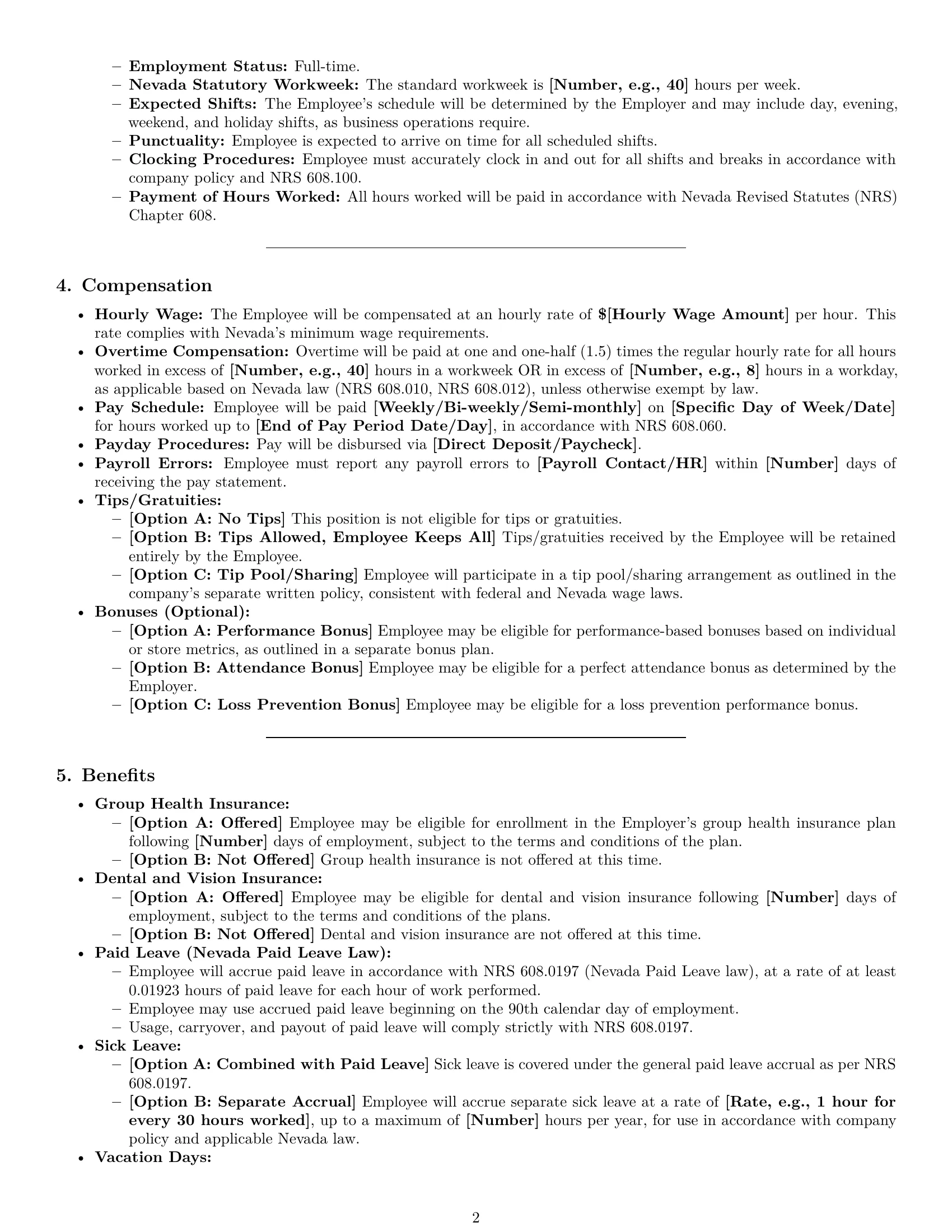 Preview page 2 of Pro Nevada cashier employment contract template