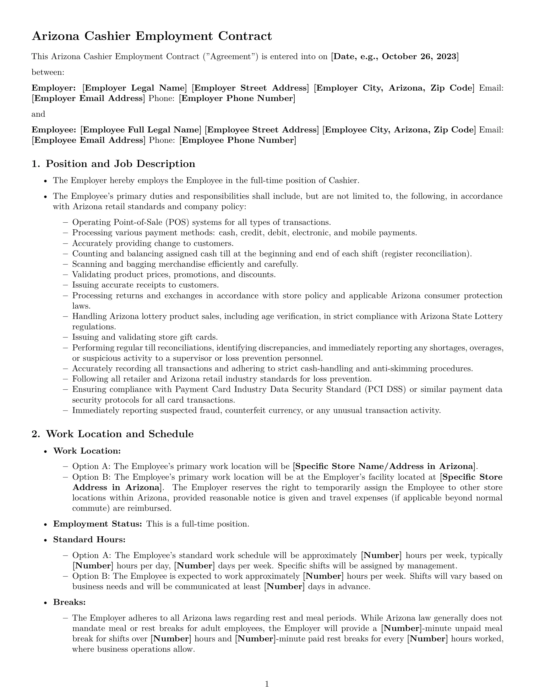 Preview page 1 of Pro Arizona cashier employment contract template