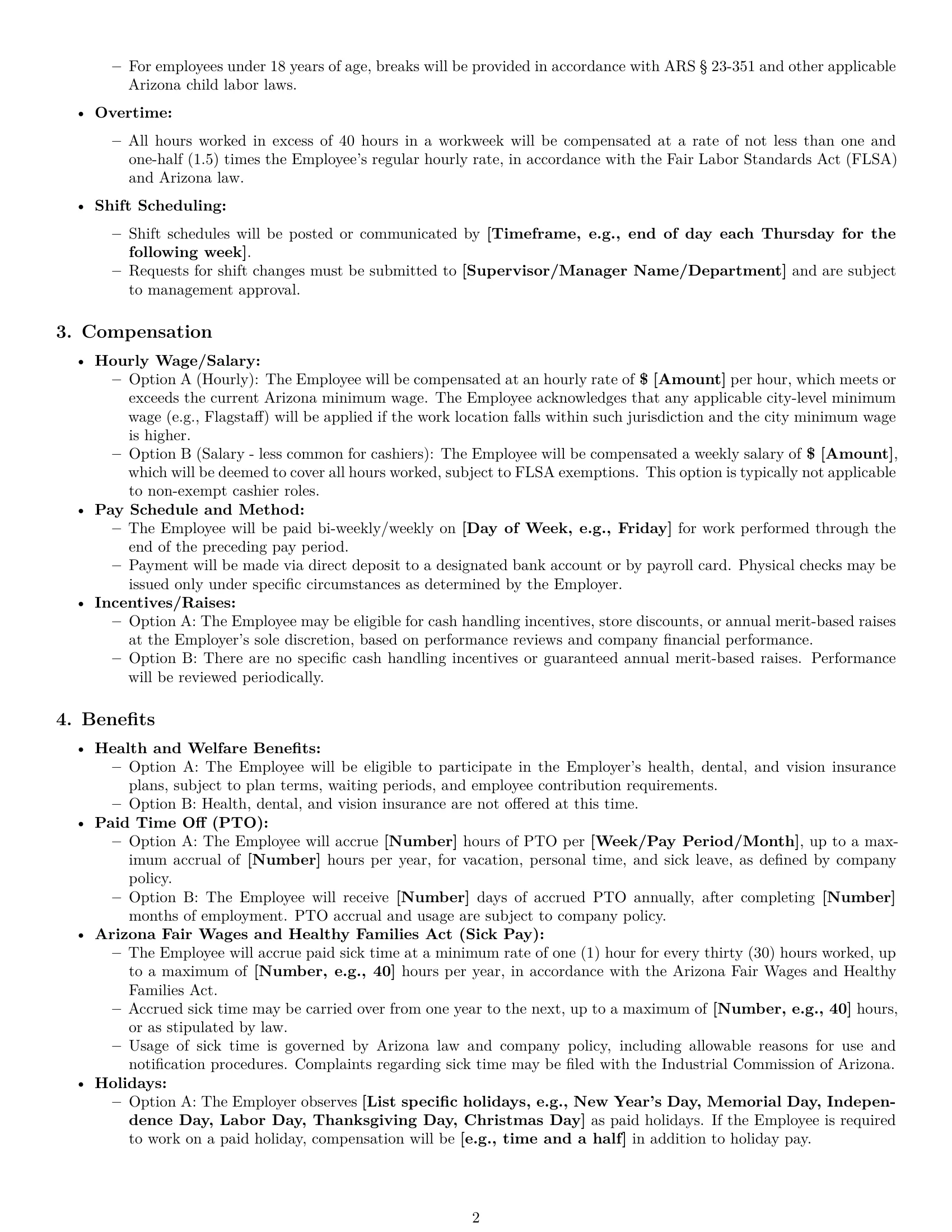 Preview page 2 of Pro Arizona cashier employment contract template