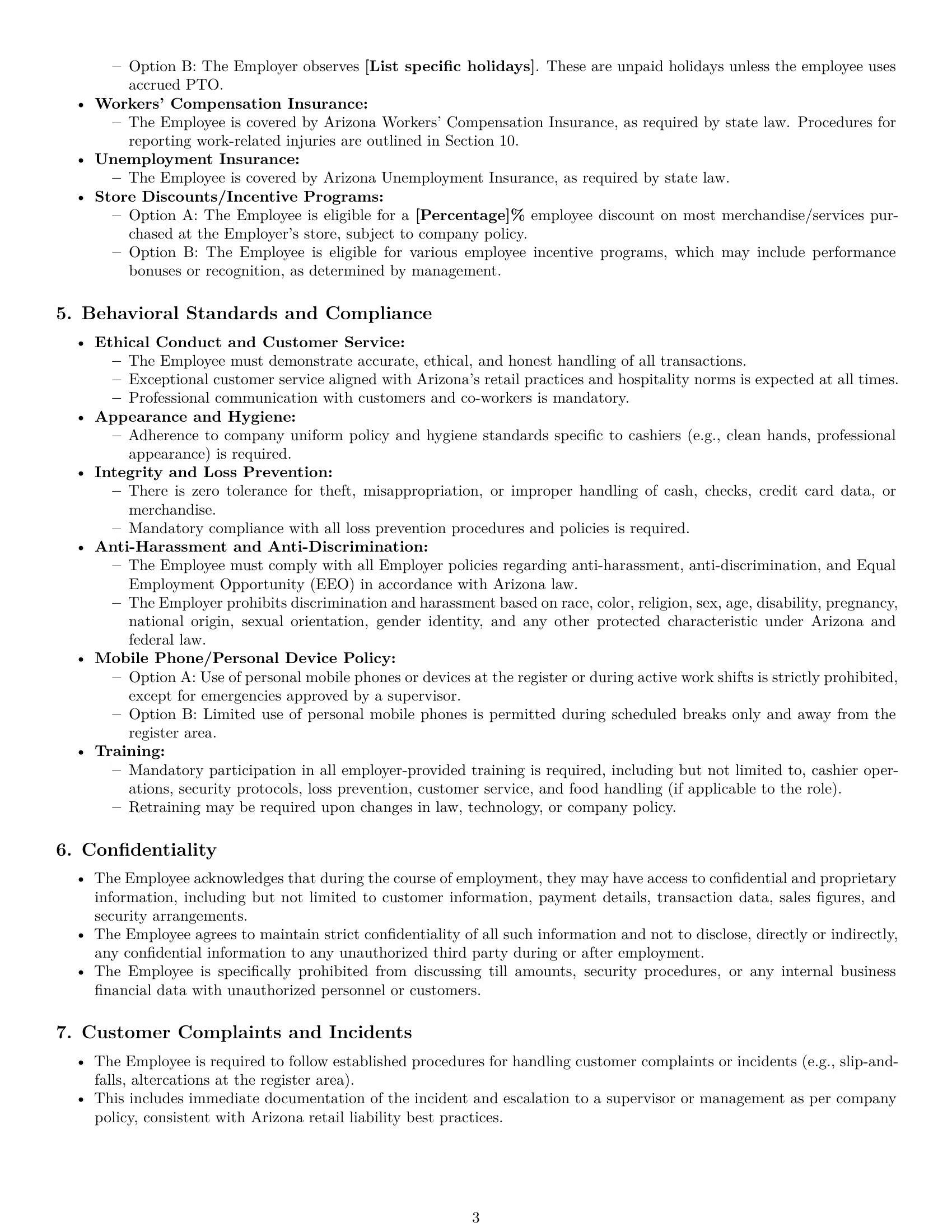 Preview page 3 of Pro Arizona cashier employment contract template