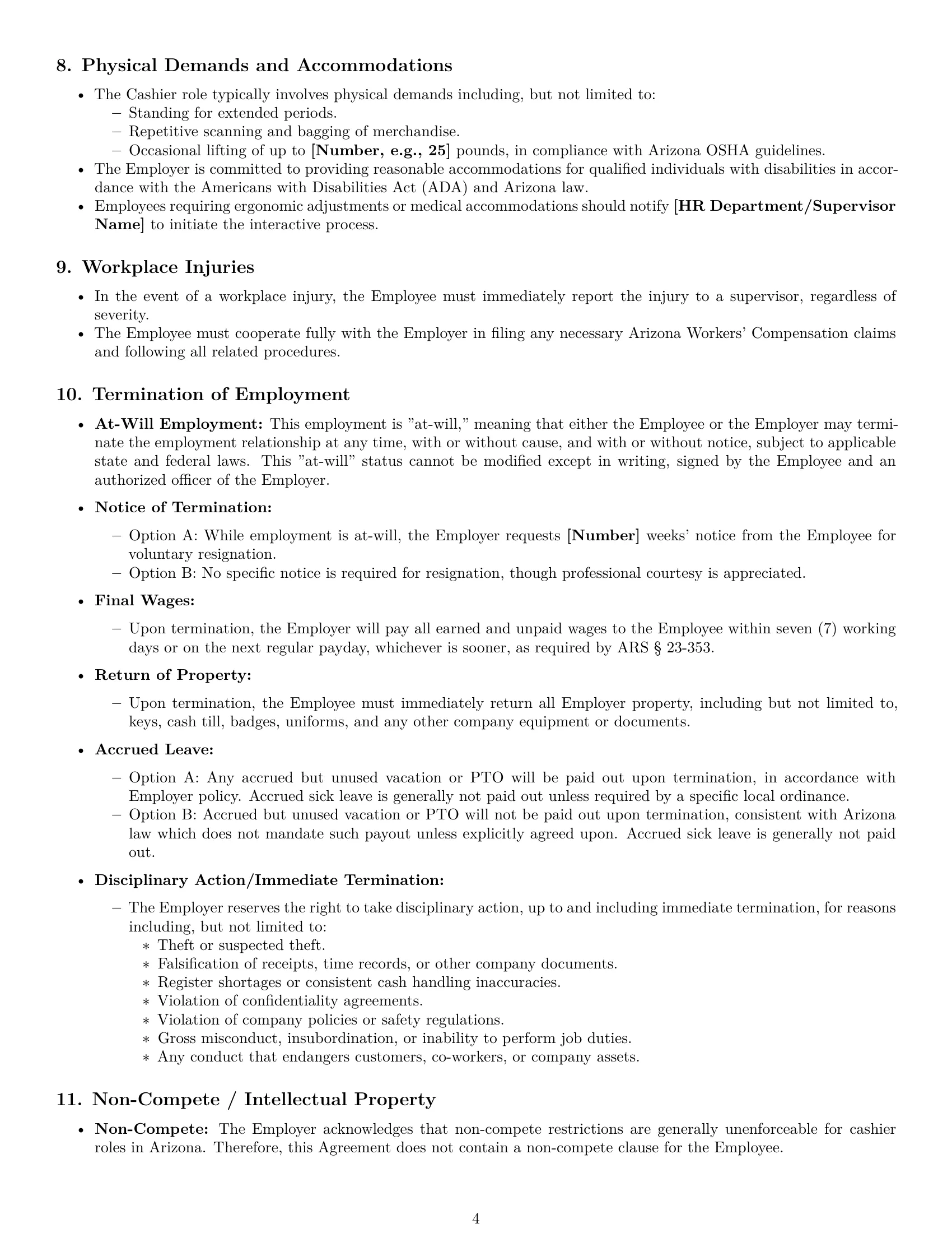 Preview page 4 of Pro Arizona cashier employment contract template