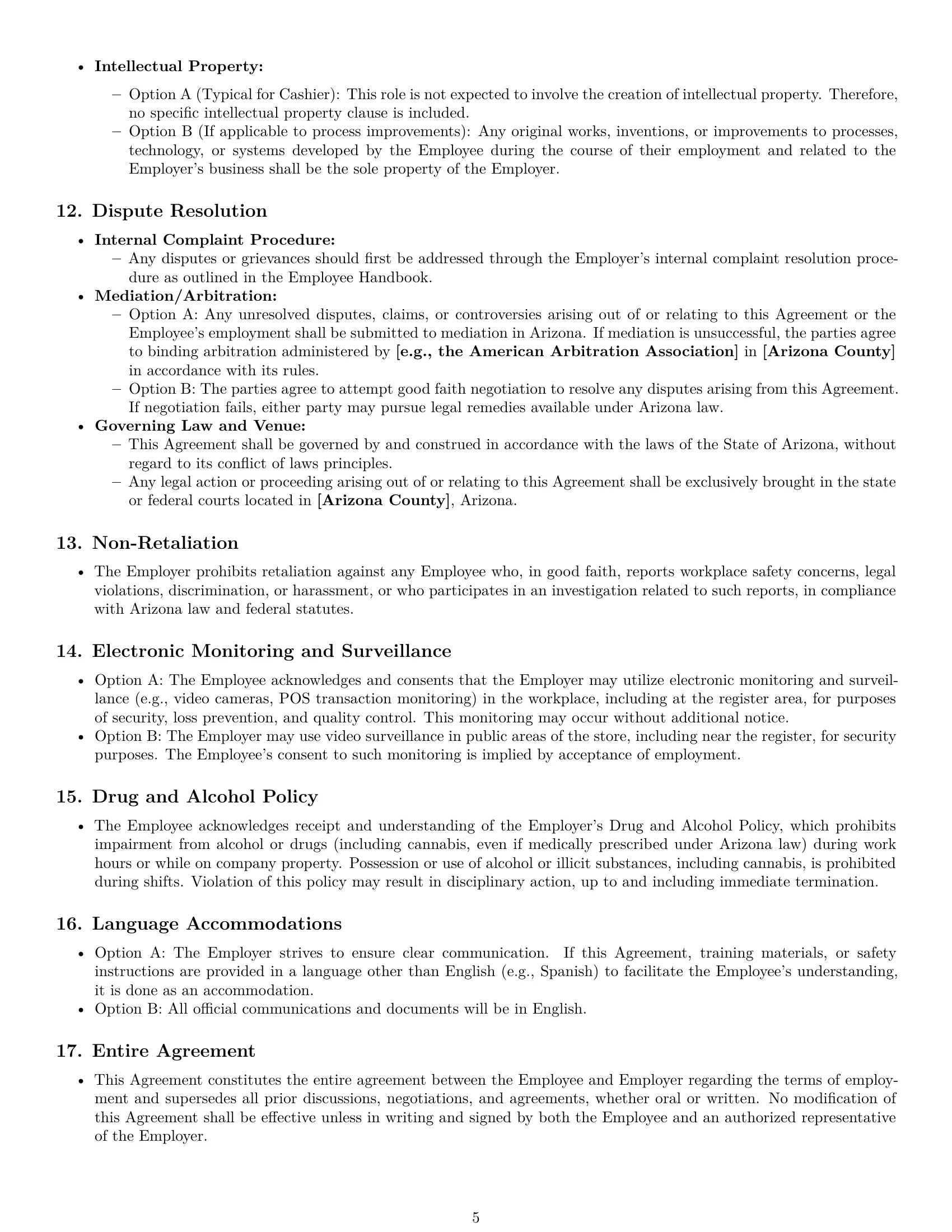 Preview page 5 of Pro Arizona cashier employment contract template