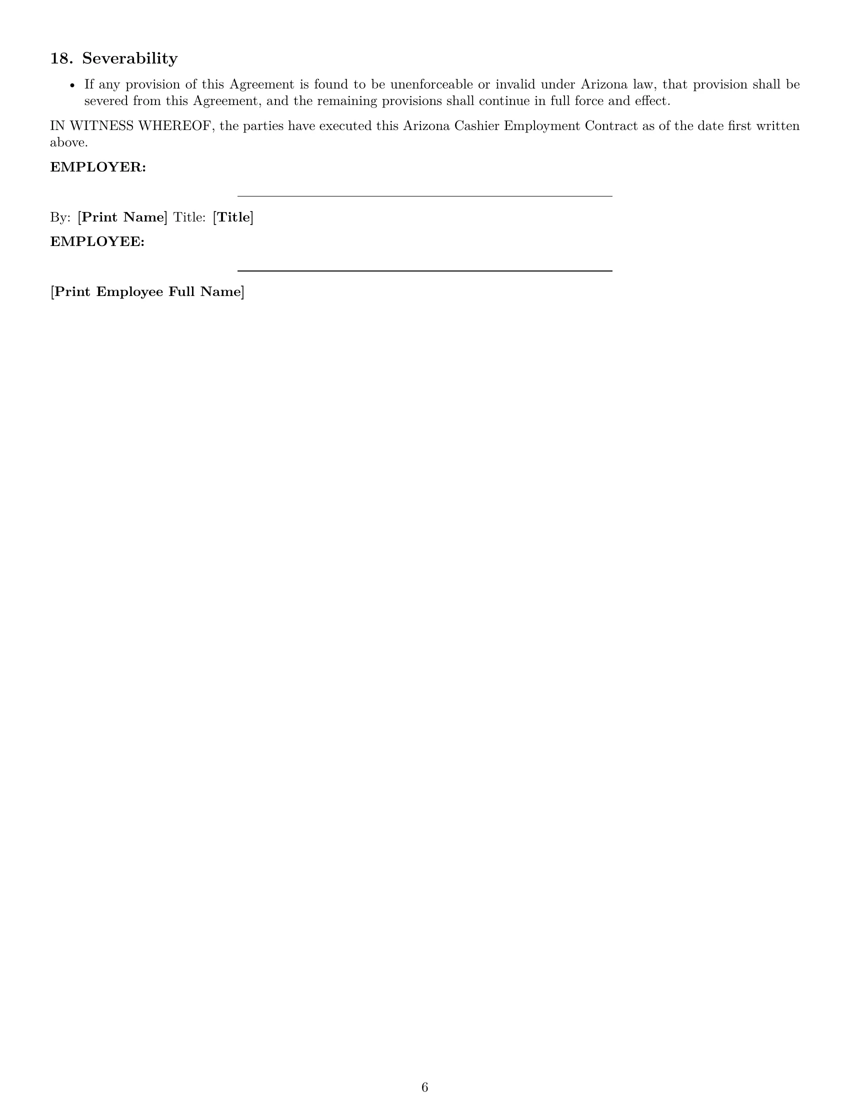 Preview page 6 of Pro Arizona cashier employment contract template
