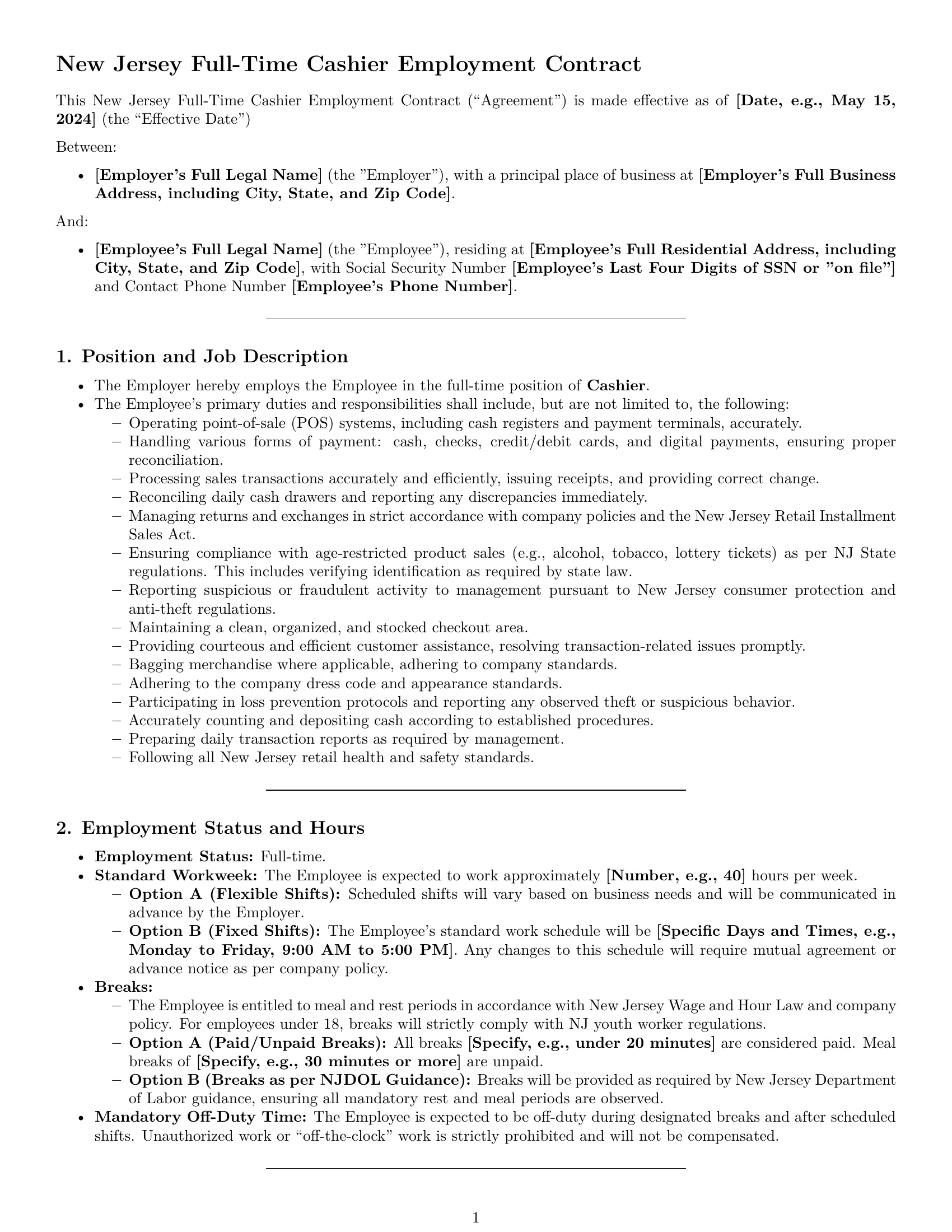 Preview page 1 of Pro New Jersey cashier employment contract template