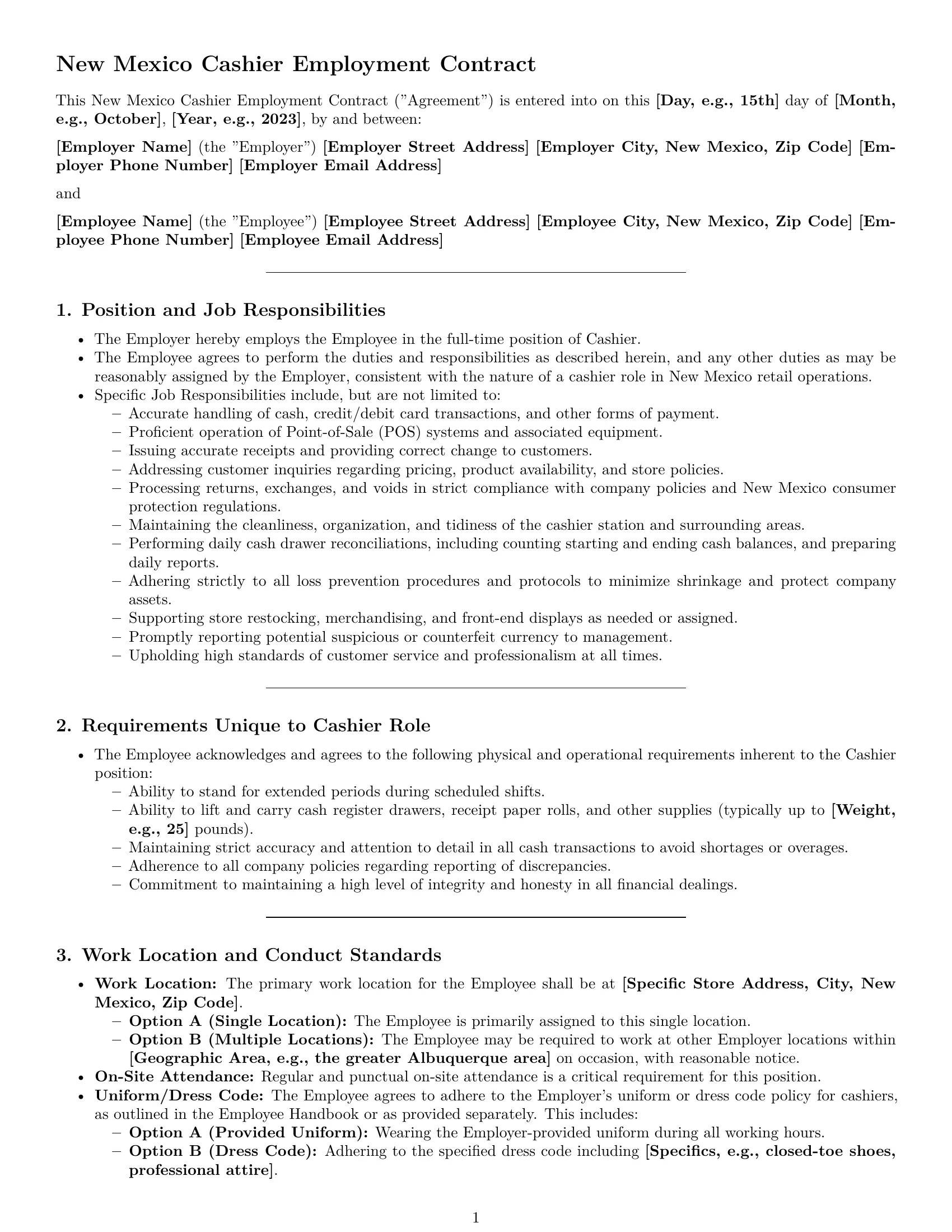 Preview page 1 of Pro New Mexico cashier employment contract template