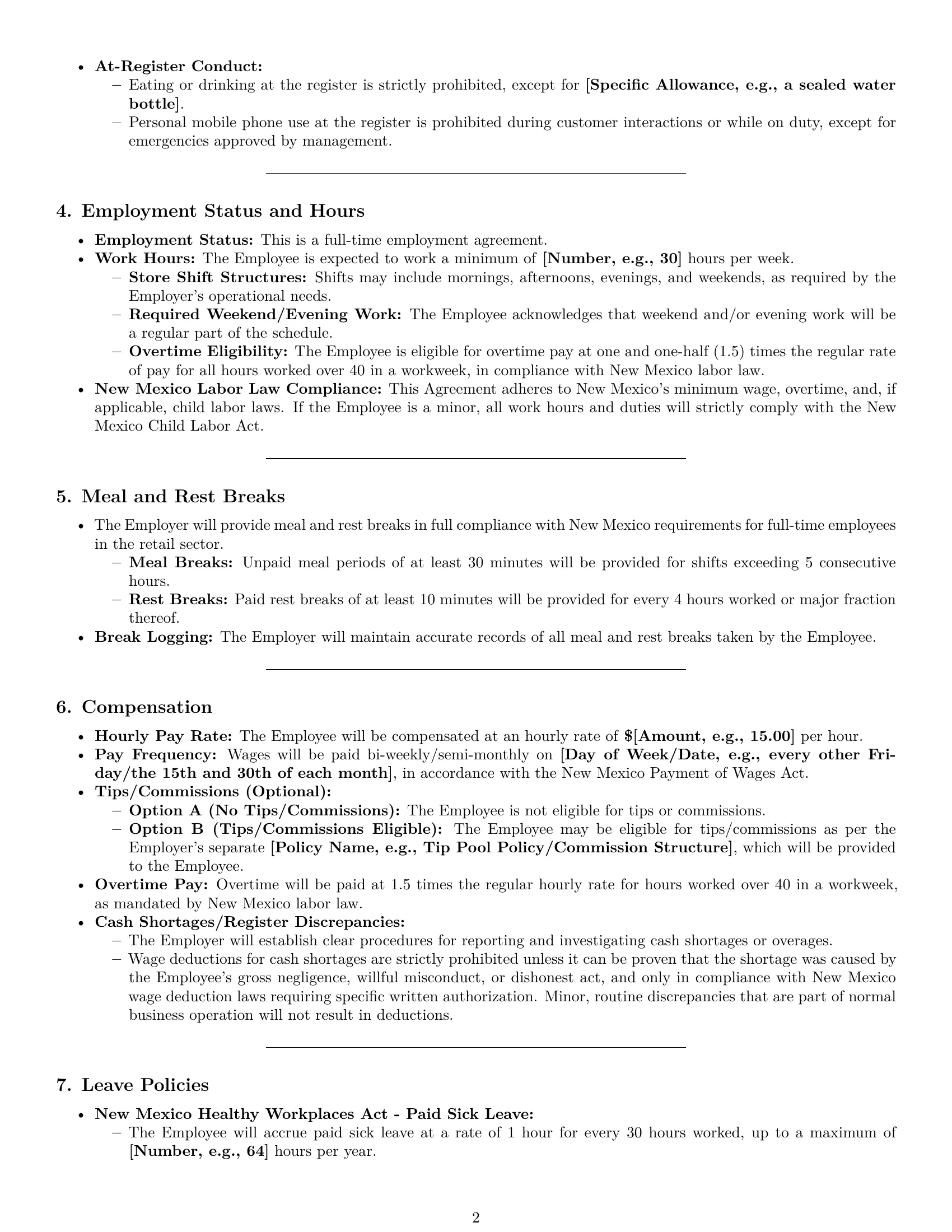 Preview page 2 of Pro New Mexico cashier employment contract template