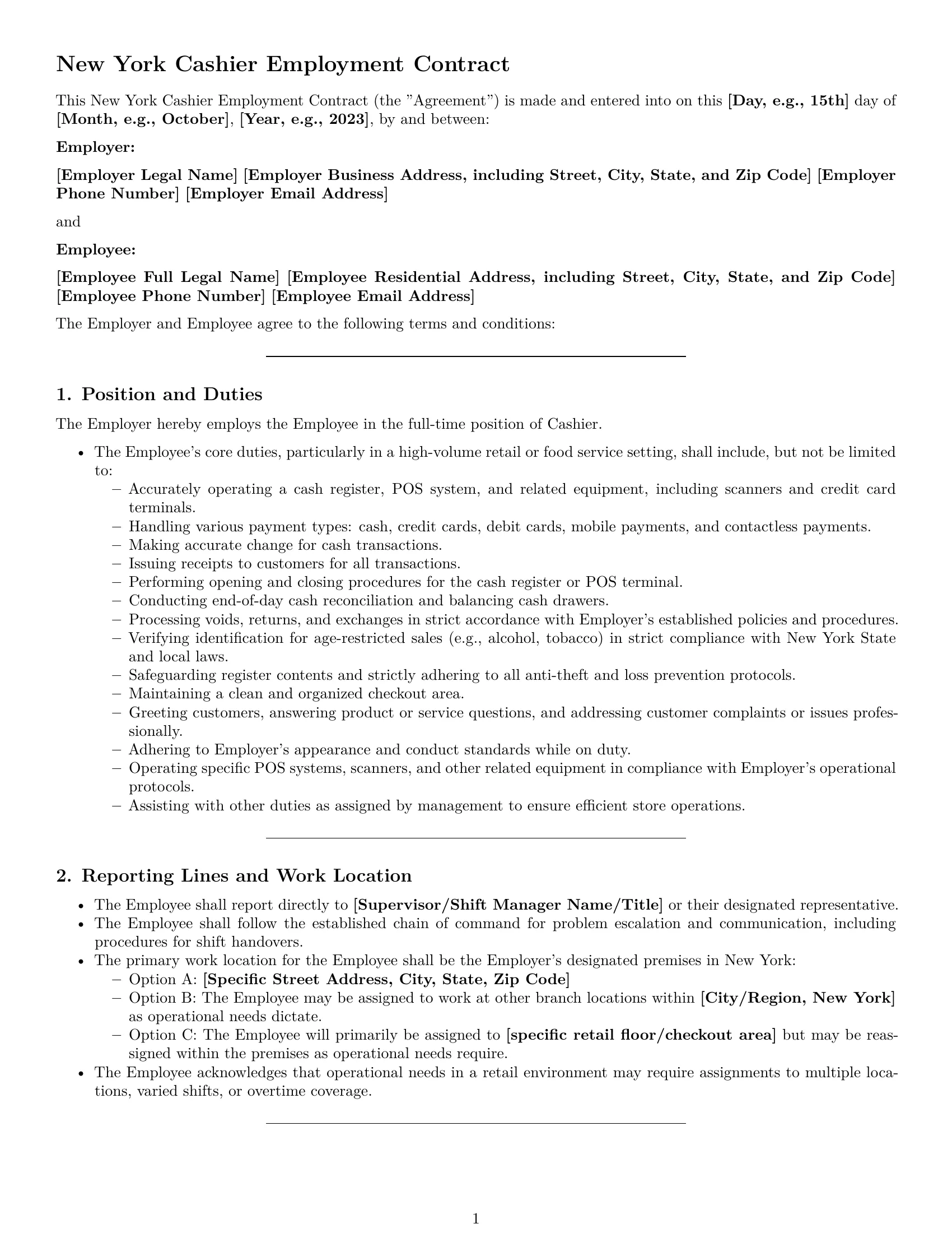 Preview page 1 of Pro New York cashier employment contract template