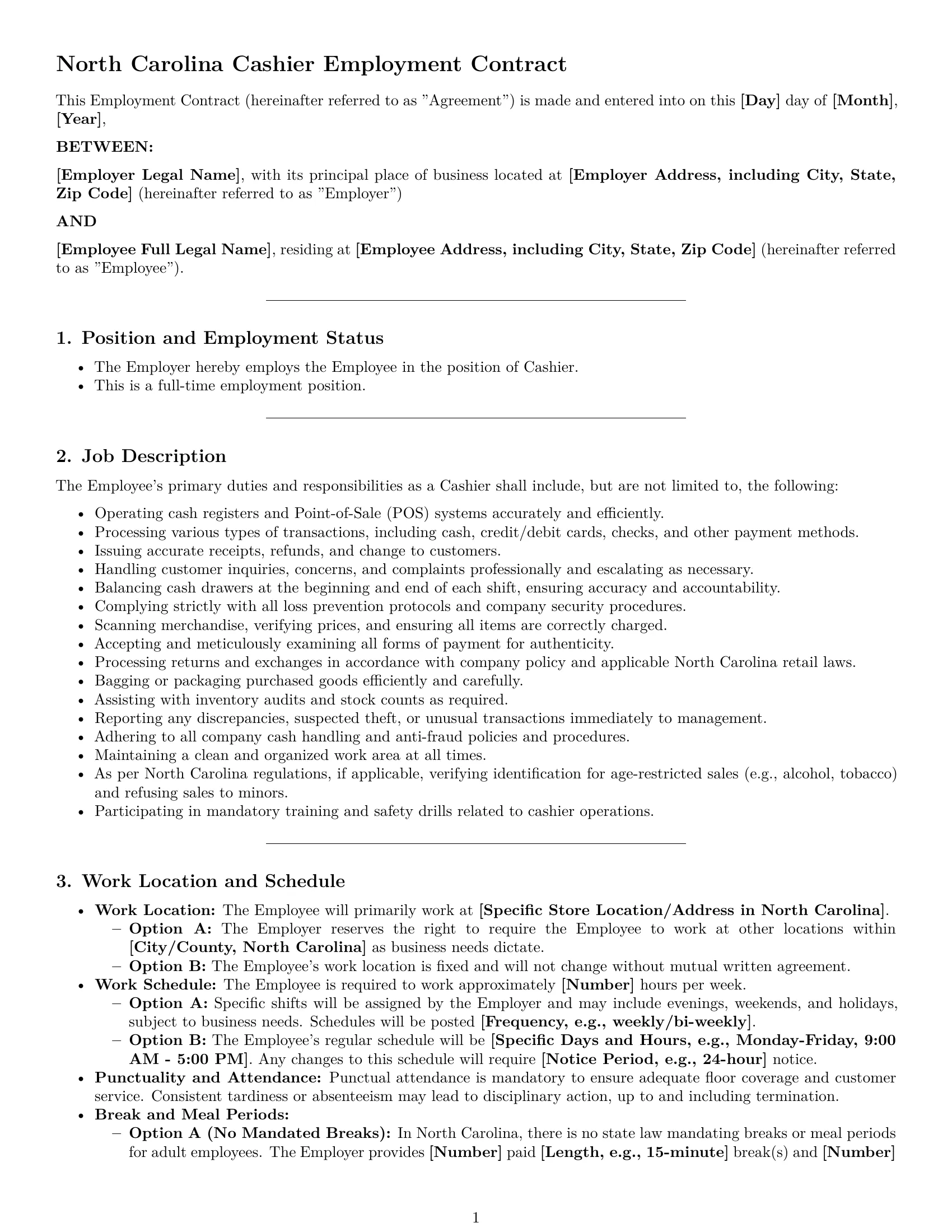 Preview page 1 of Pro North Carolina cashier employment contract template