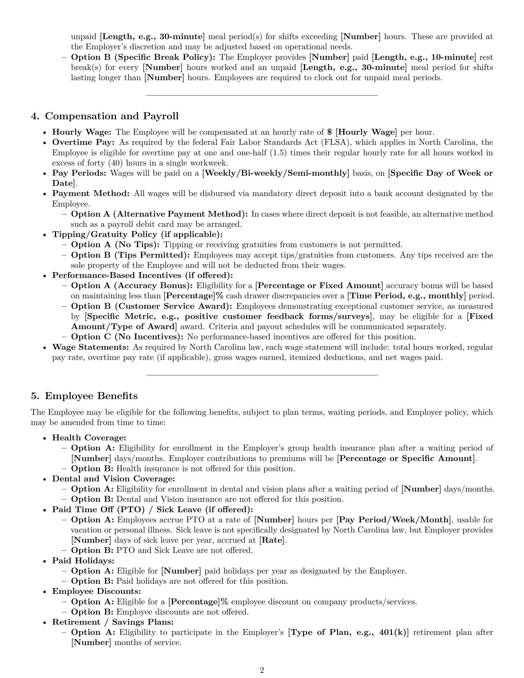 Preview page 2 of Pro North Carolina cashier employment contract template