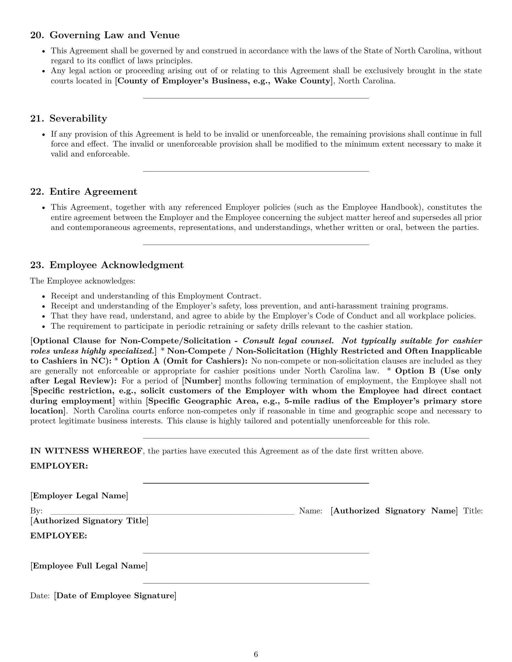 Preview page 6 of Pro North Carolina cashier employment contract template