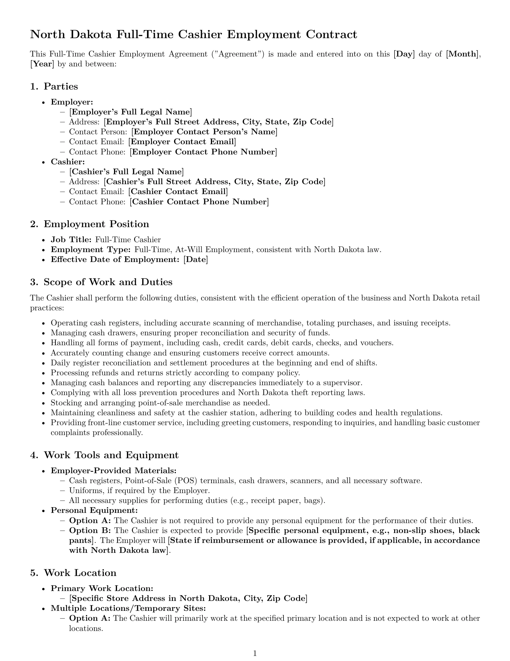 Preview page 1 of Pro North Dakota cashier employment contract template