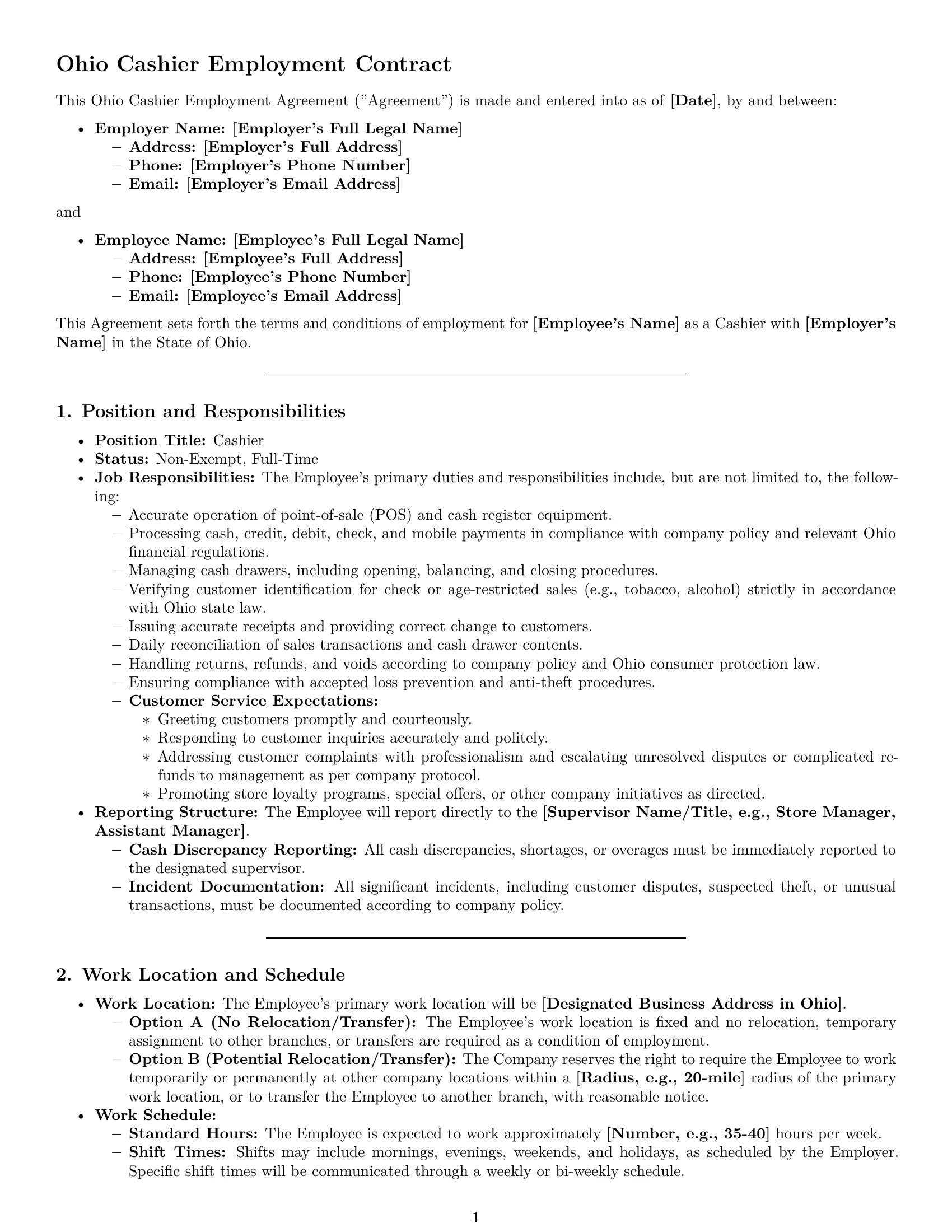 Preview page 1 of Pro Ohio cashier employment contract template