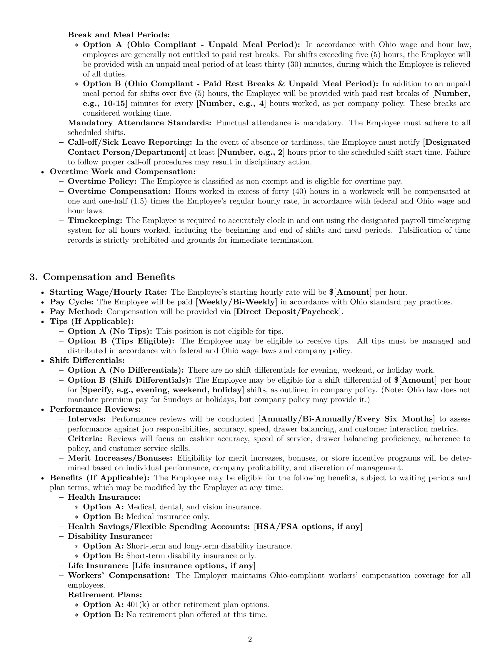 Preview page 2 of Pro Ohio cashier employment contract template