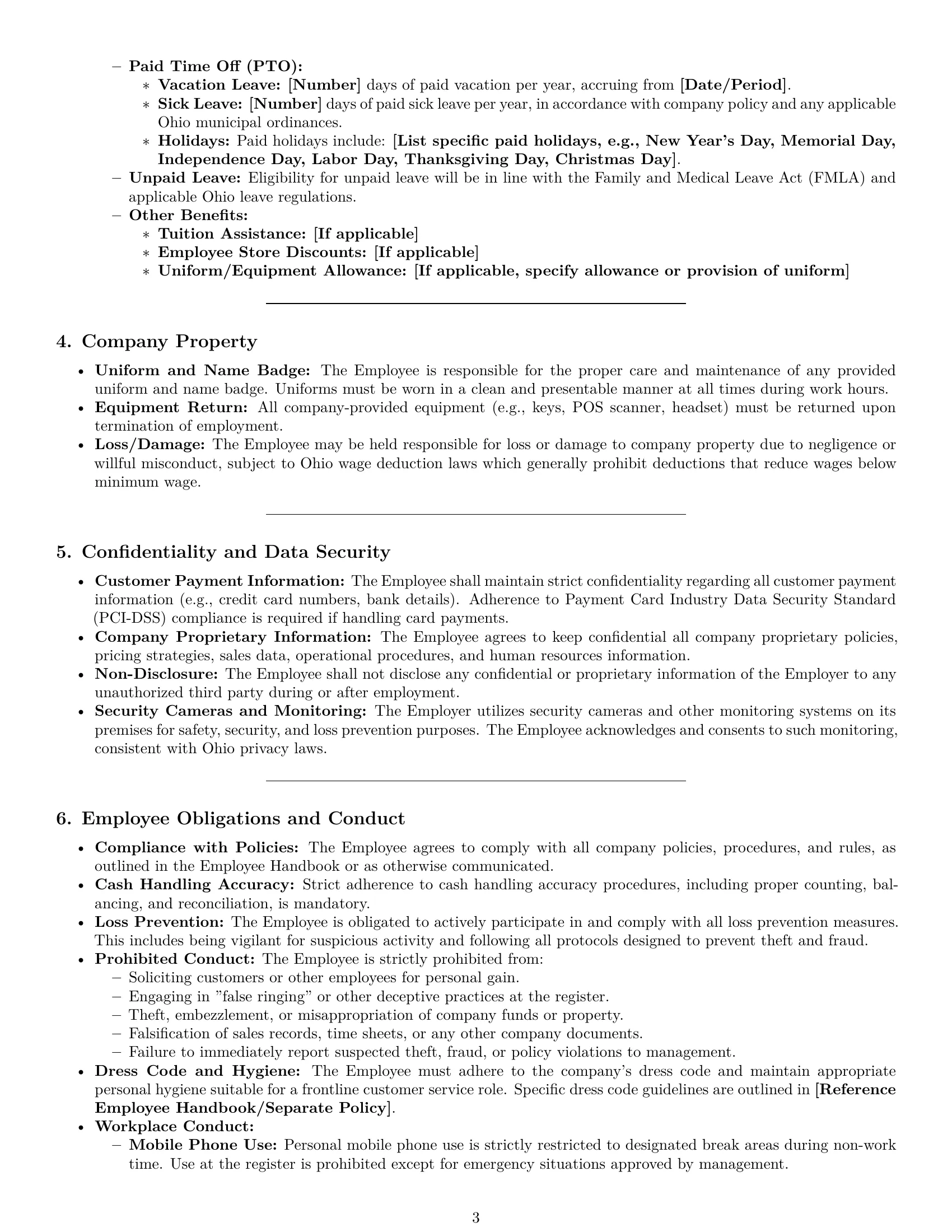 Preview page 3 of Pro Ohio cashier employment contract template