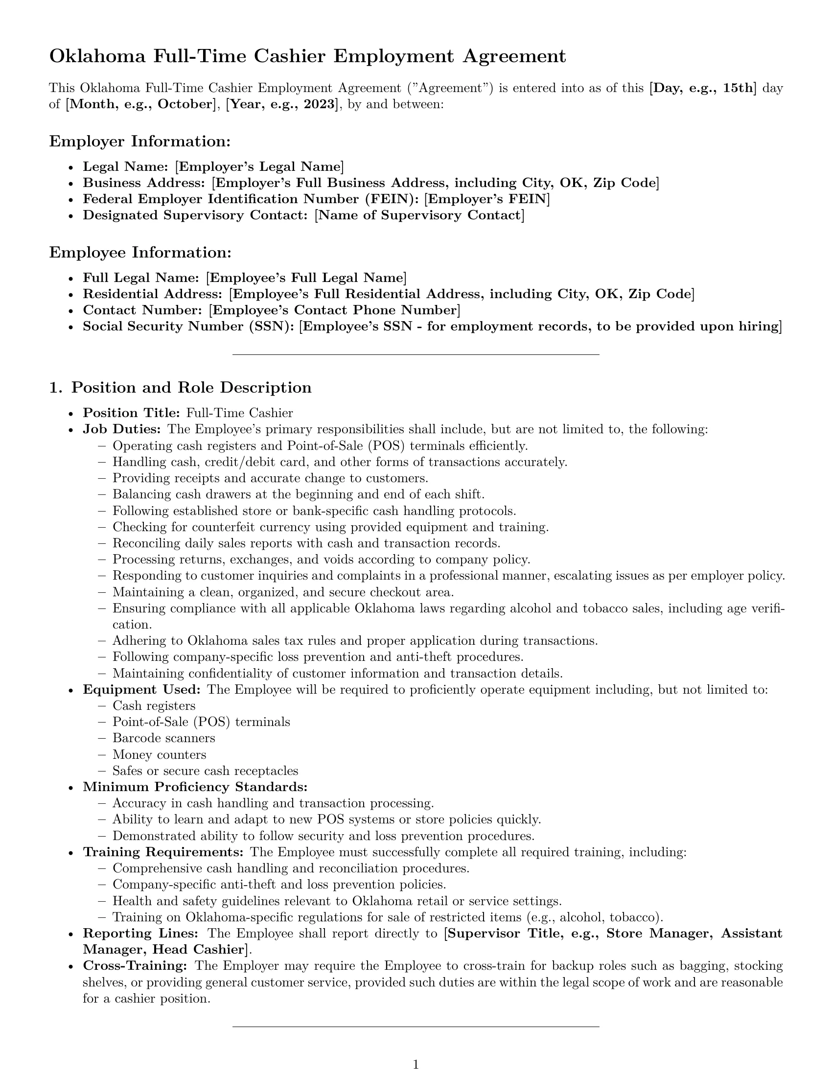 Preview page 1 of Pro Oklahoma cashier employment contract template