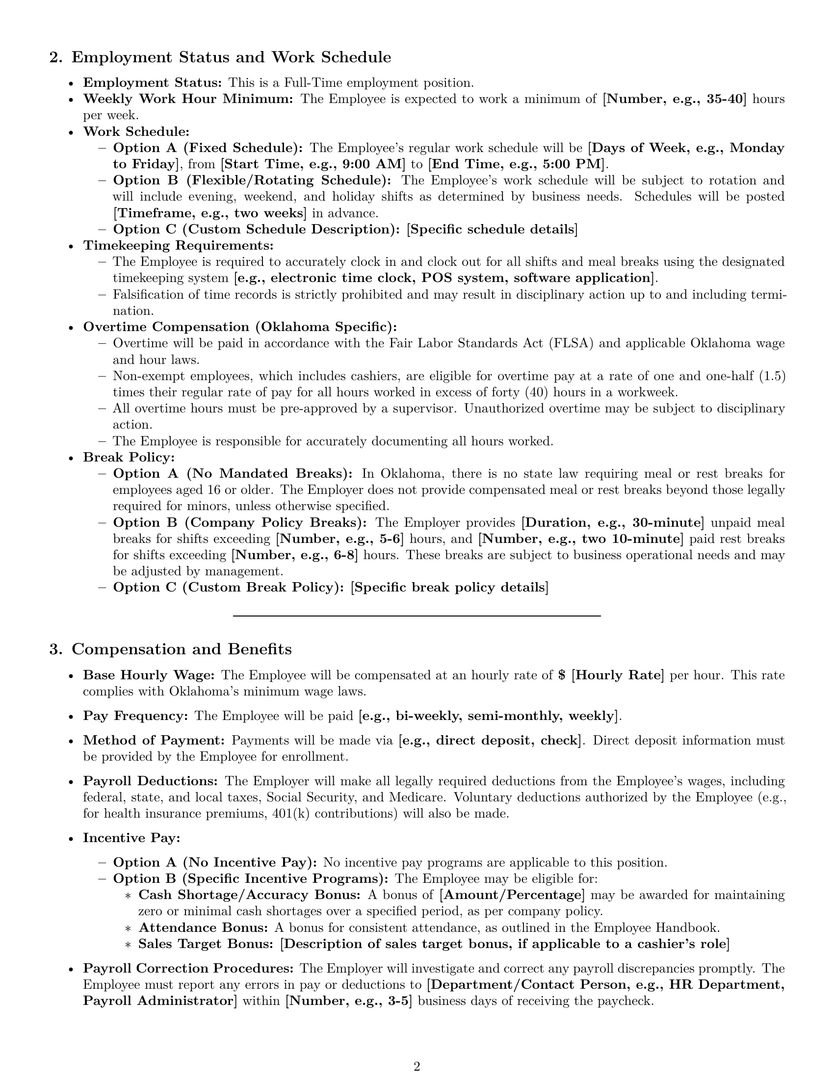 Preview page 2 of Pro Oklahoma cashier employment contract template