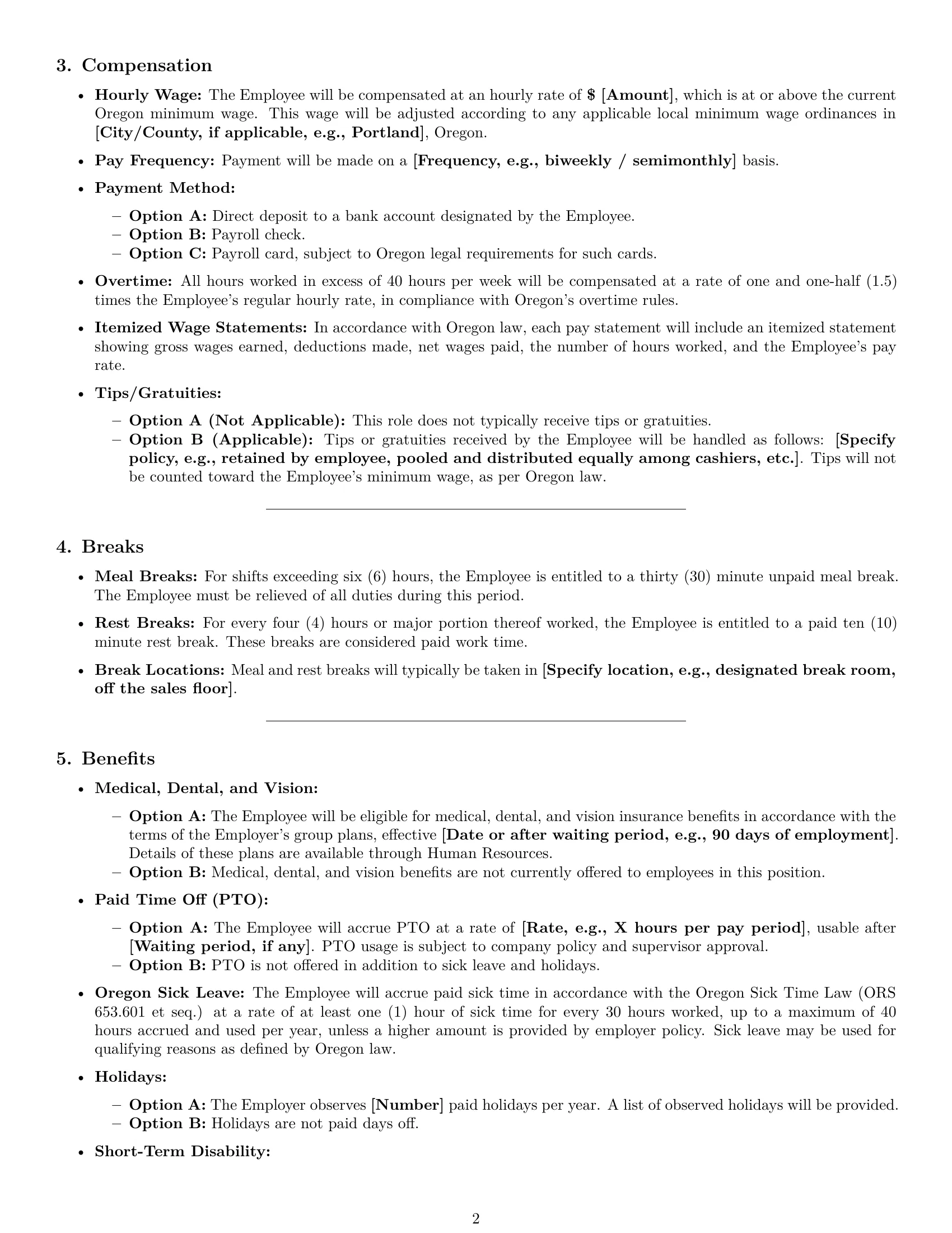Preview page 2 of Pro Oregon cashier employment contract template