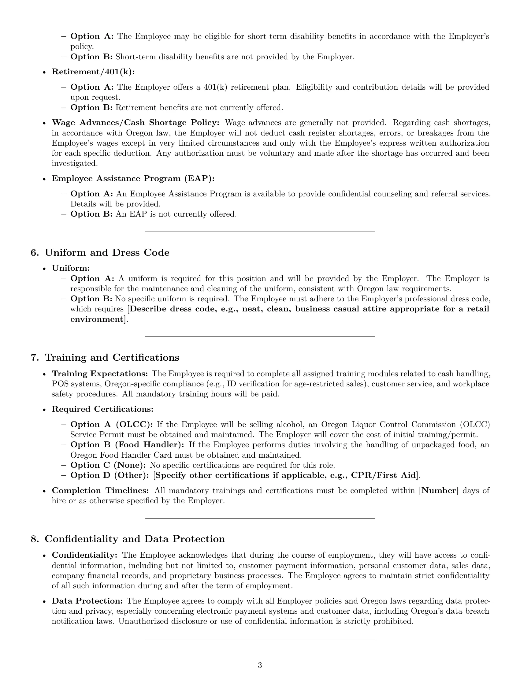 Preview page 3 of Pro Oregon cashier employment contract template