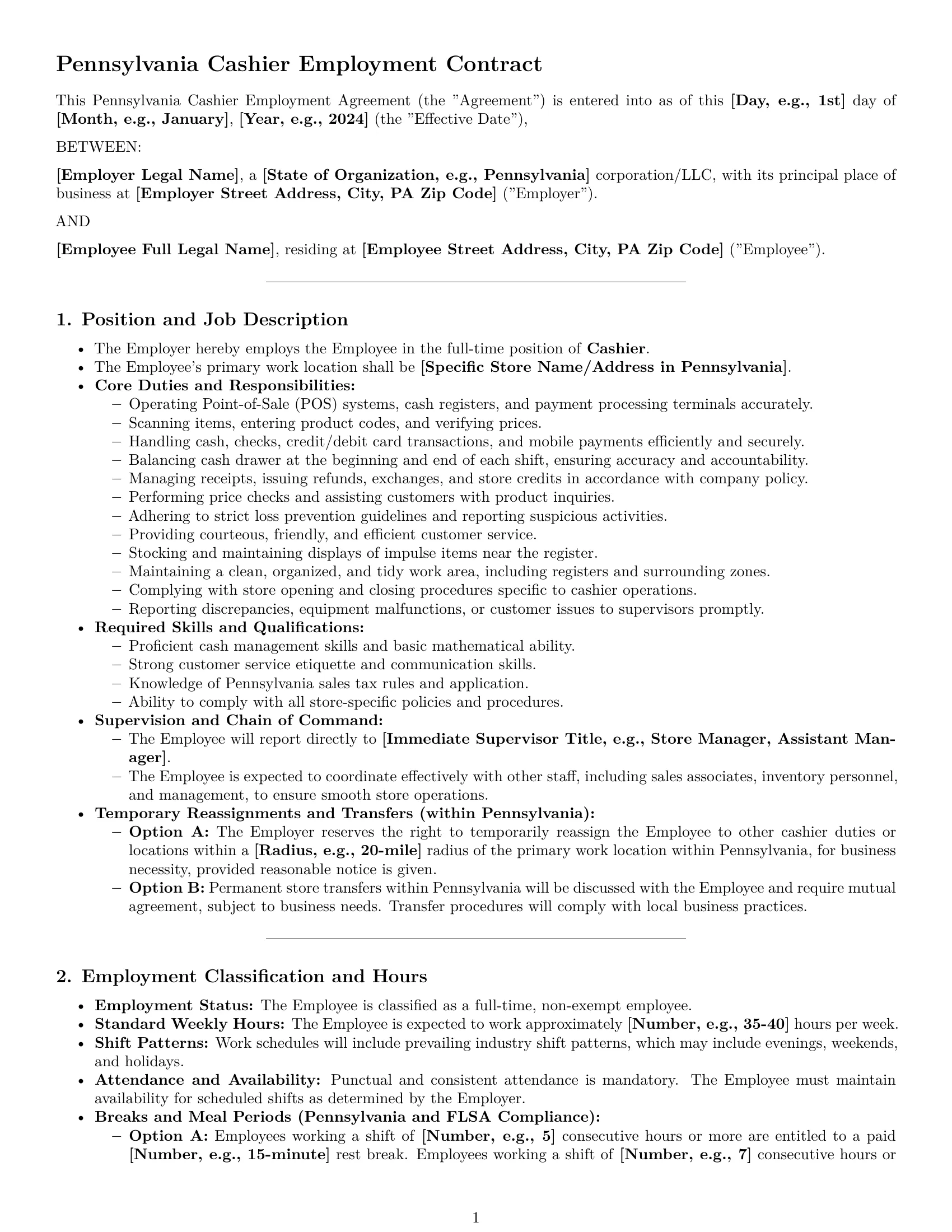 Preview page 1 of Pro Pennsylvania cashier employment contract template