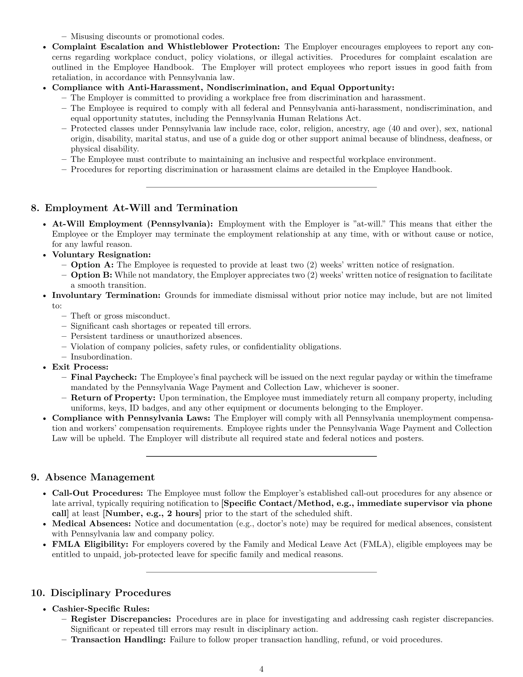 Preview page 4 of Pro Pennsylvania cashier employment contract template