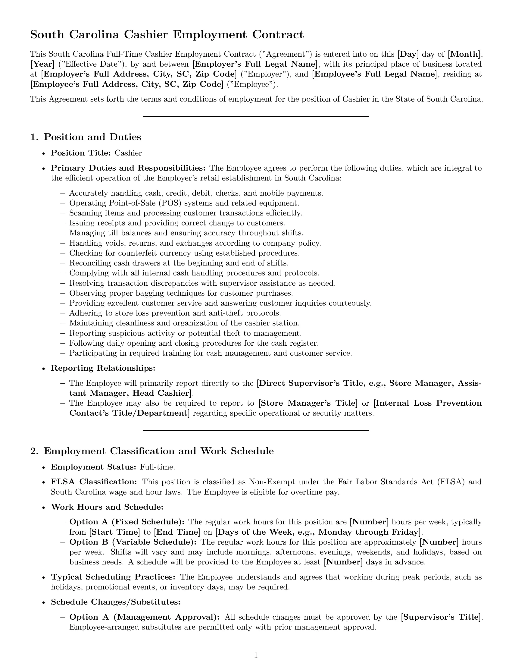 Preview page 1 of Pro South Carolina cashier employment contract template